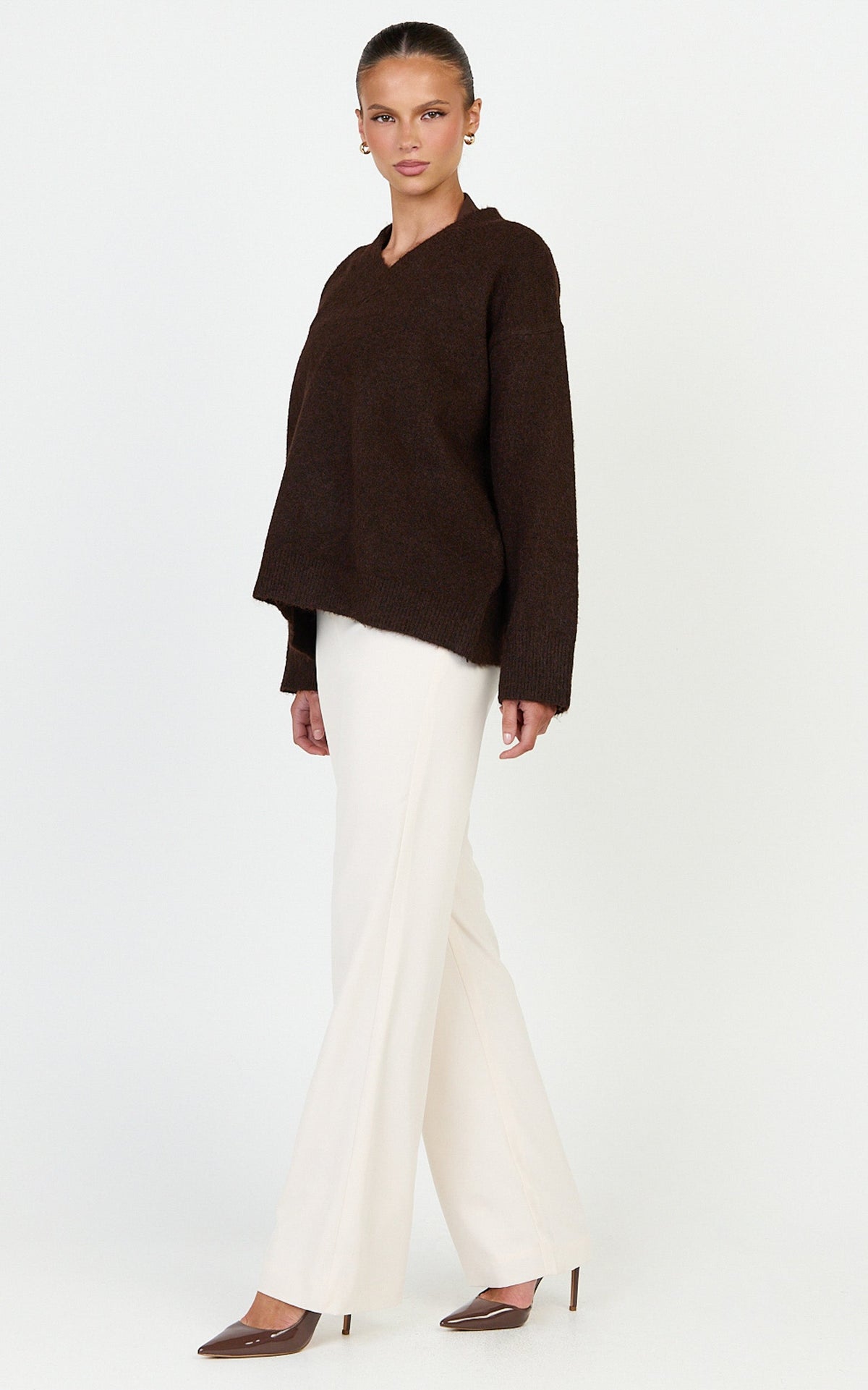 Clementine Jumper - V Neck Knit Jumper in Chocolate
