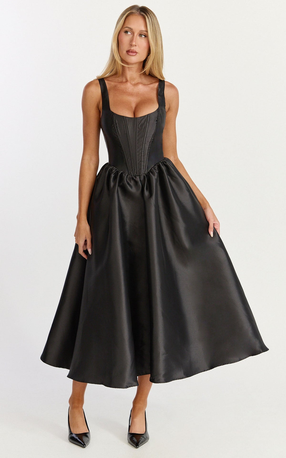 Courtney Midi Dress - Corset Panel Low Back Dress in Black