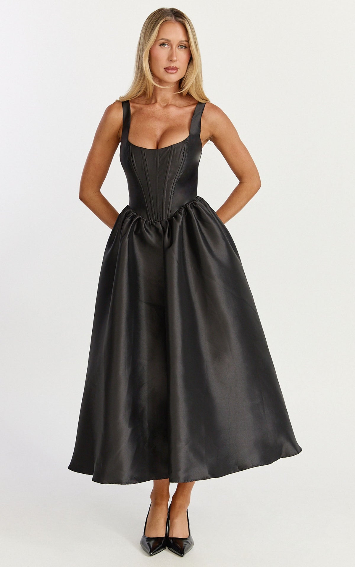 Courtney Midi Dress - Corset Panel Low Back Dress in Black