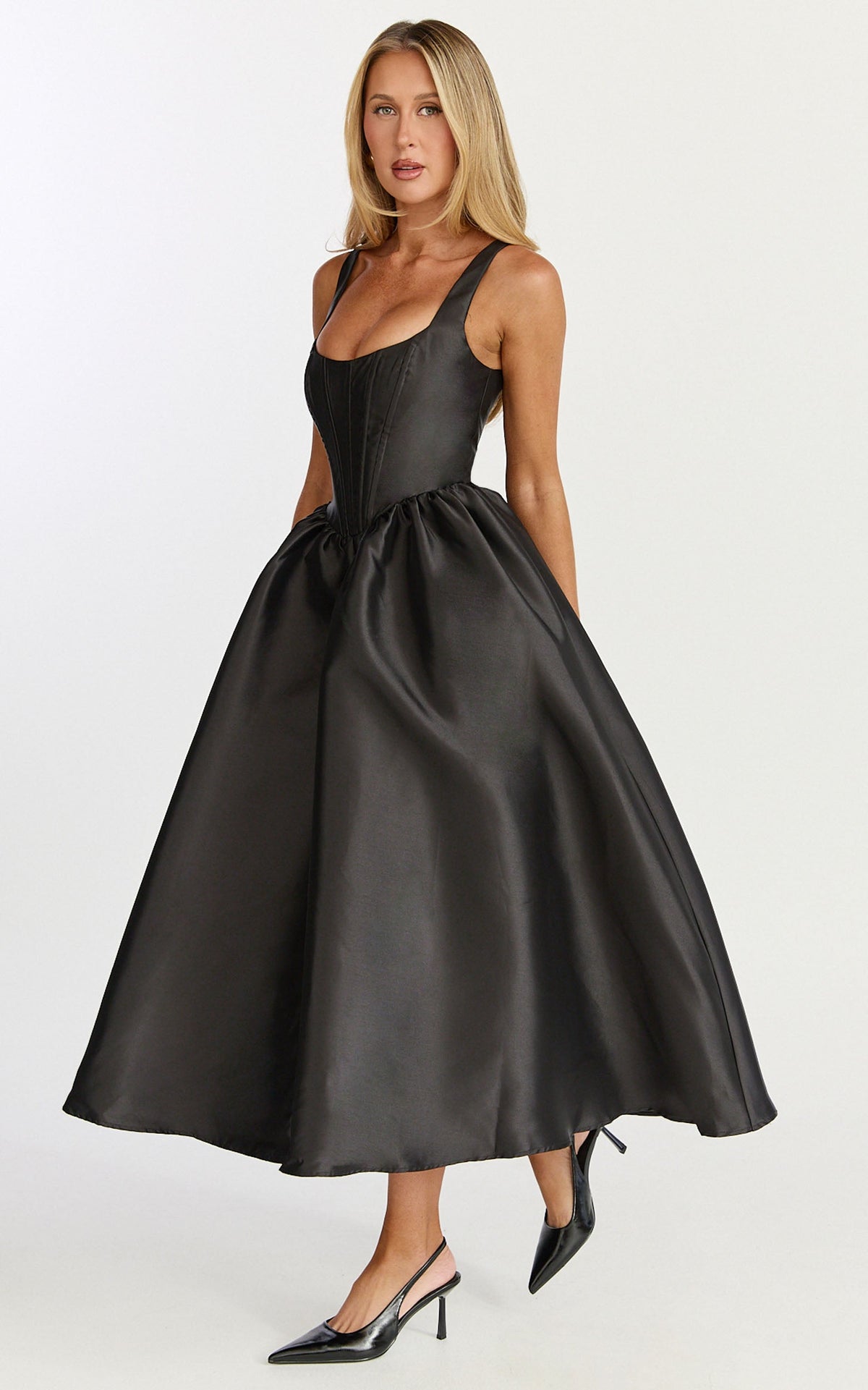 Courtney Midi Dress - Corset Panel Low Back Dress in Black