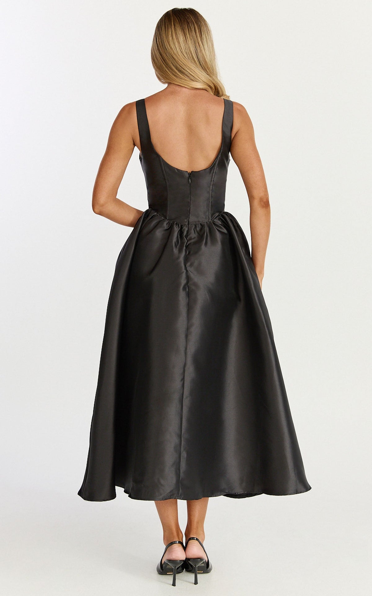 Courtney Midi Dress - Corset Panel Low Back Dress in Black