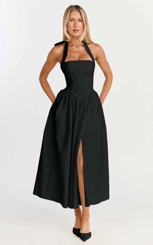 Helda Midi Dress - Halter Tie Neck Corset Panel Dress in Black