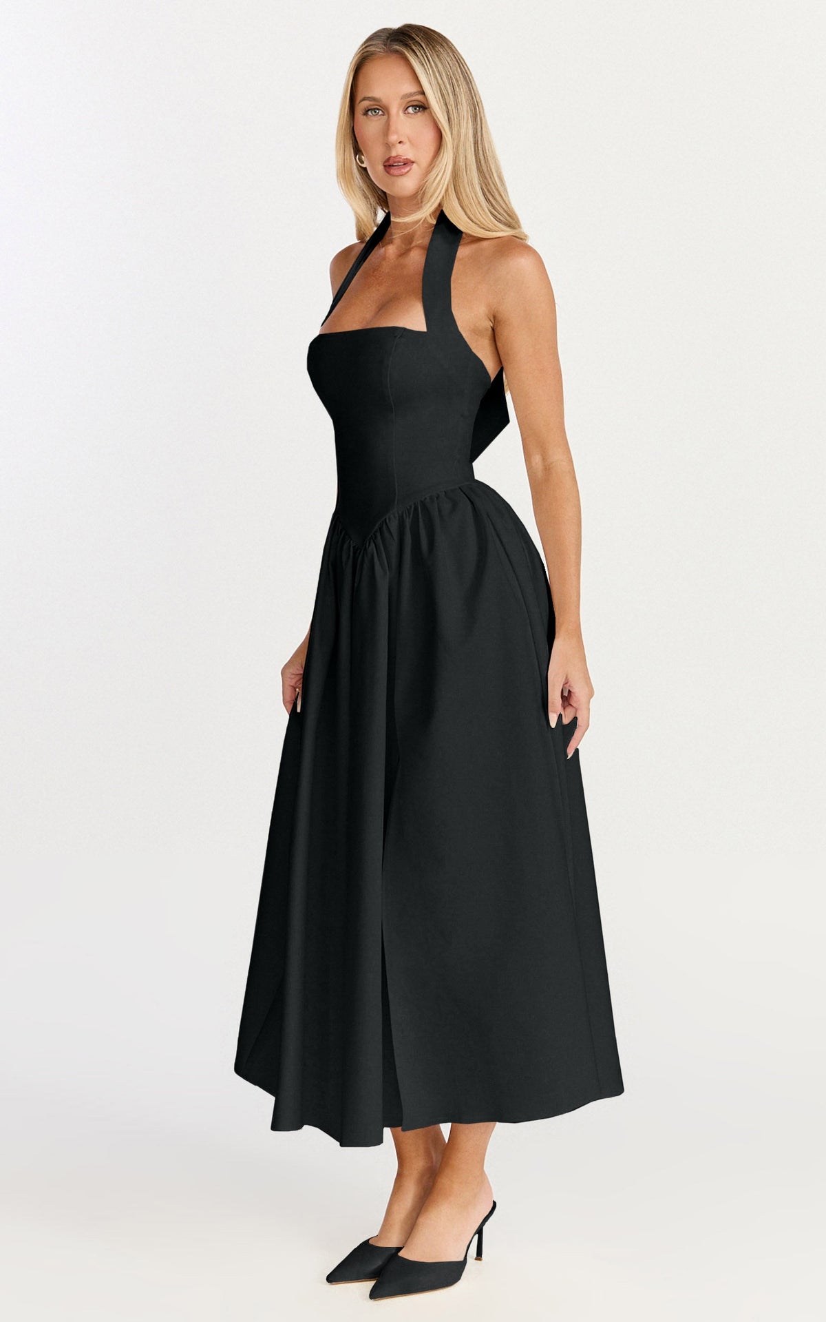 Helda Midi Dress - Halter Tie Neck Corset Panel Dress in Black