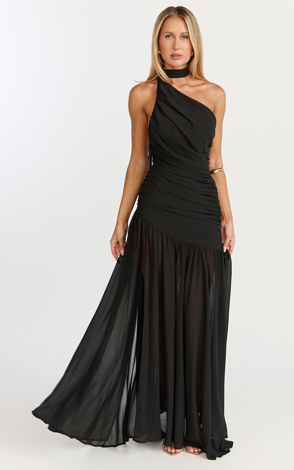 Enya Maxi Dress - One Shoulder Neck Tie Ruched High Split Dress in Black