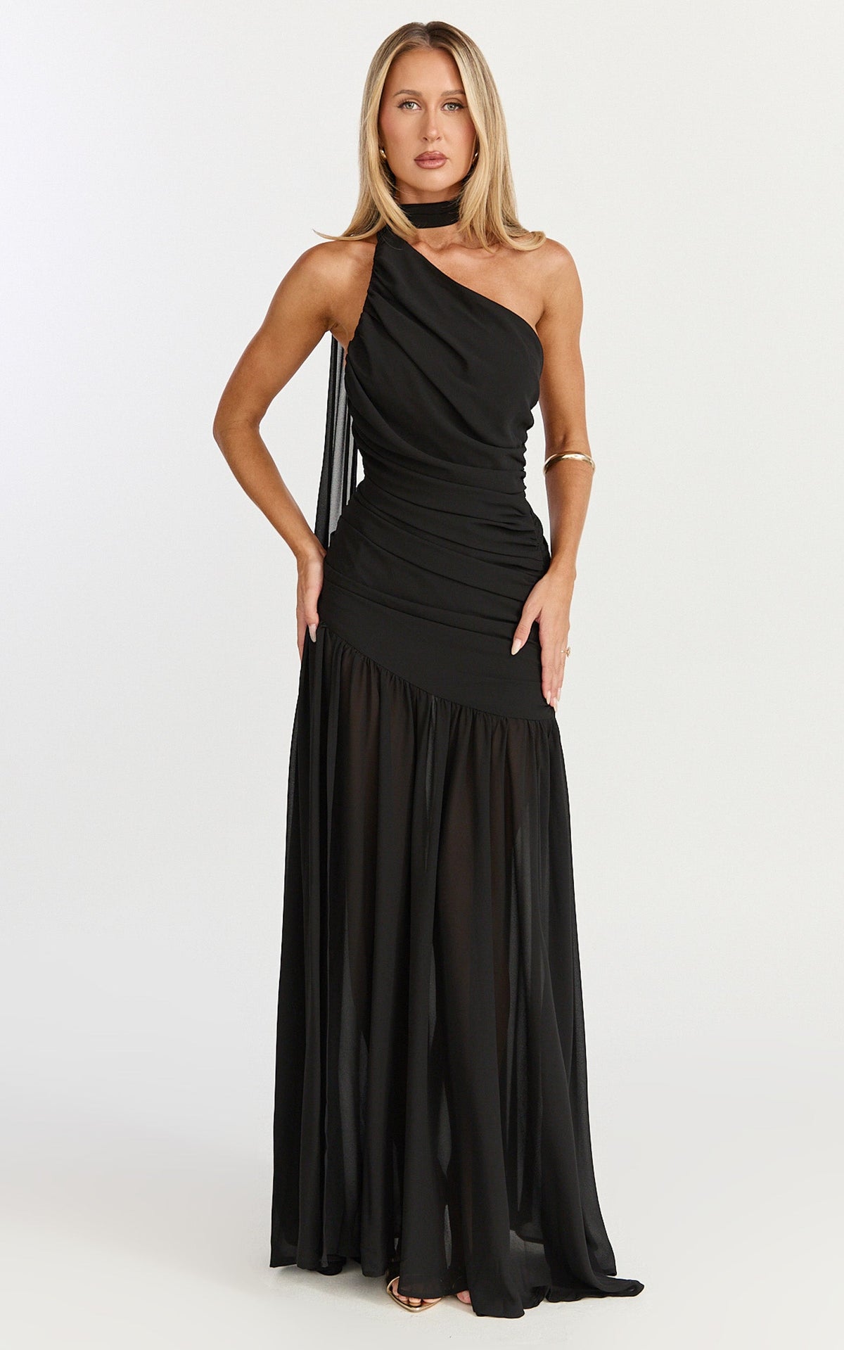 Enya Maxi Dress - One Shoulder Neck Tie Ruched High Split Dress in Black