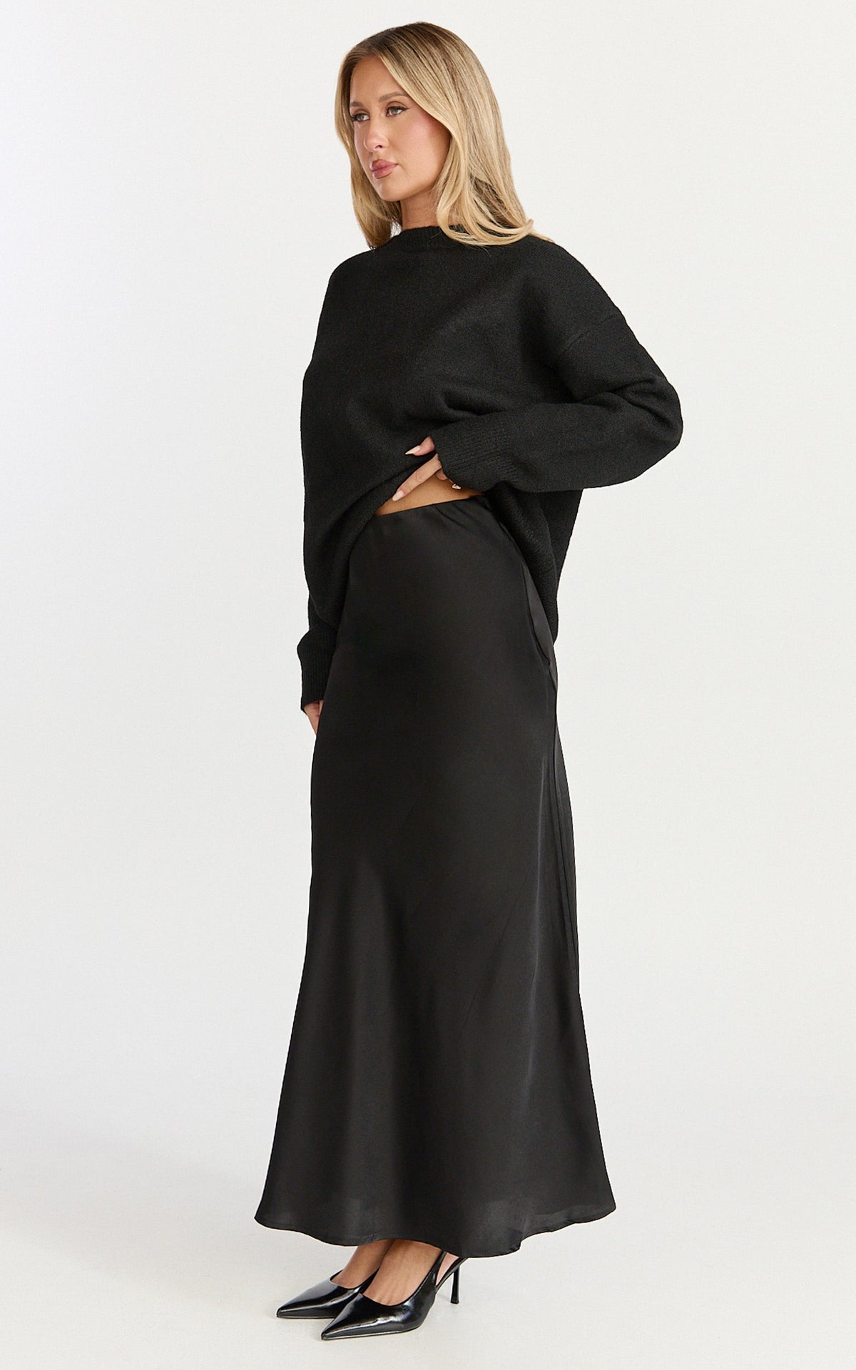 Amari Maxi Skirt - High Waisted Bias Cut Skirt in Black