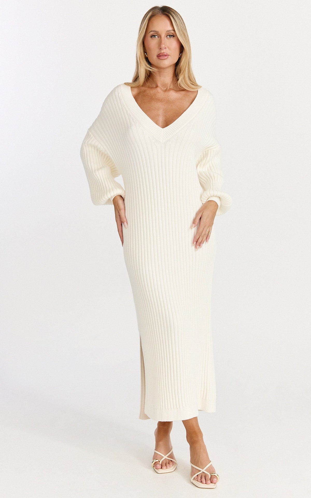Kartia Midi Dress - V Neck Knit Dress in Off White
