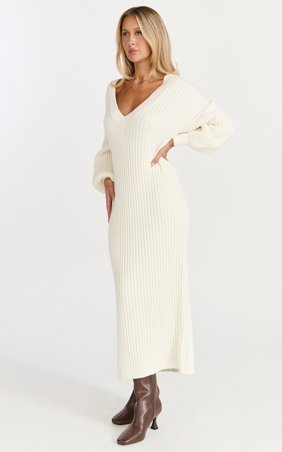 Kartia Midi Dress - V Neck Knit Dress in Off White