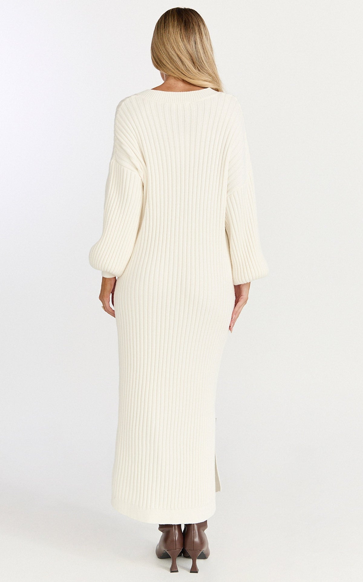 Kartia Midi Dress - V Neck Knit Dress in Off White