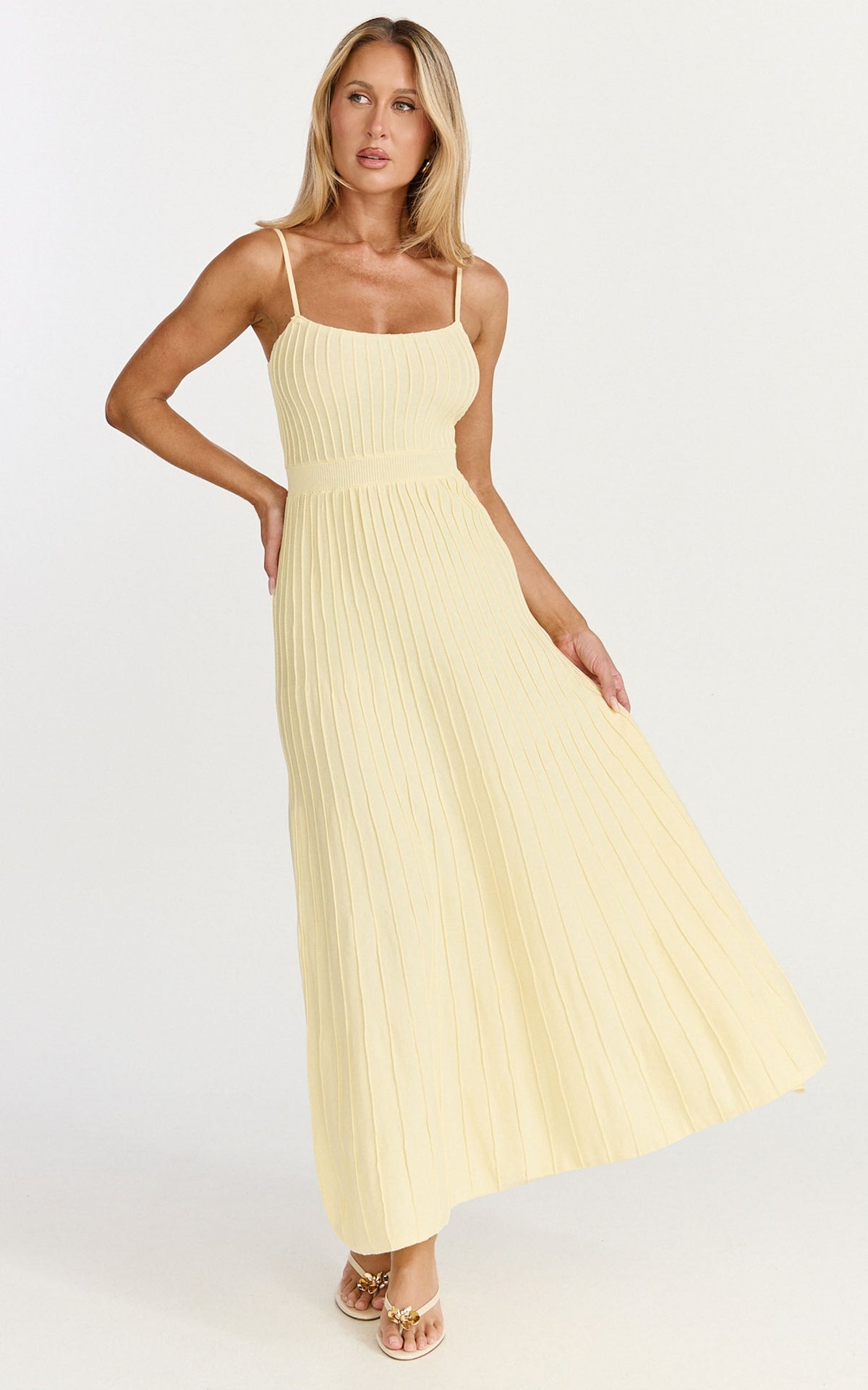 Donissa Midi Dress - Panelled Knit Dress in Butter Yellow