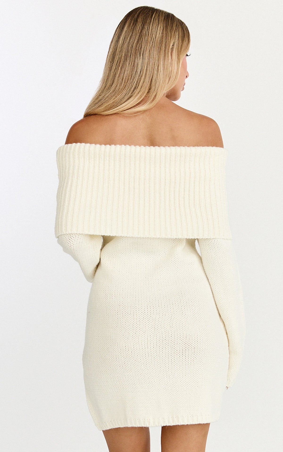 Erin Mini Dress - Cable Knit Off Shoulder Long Sleeve Dress in Cream