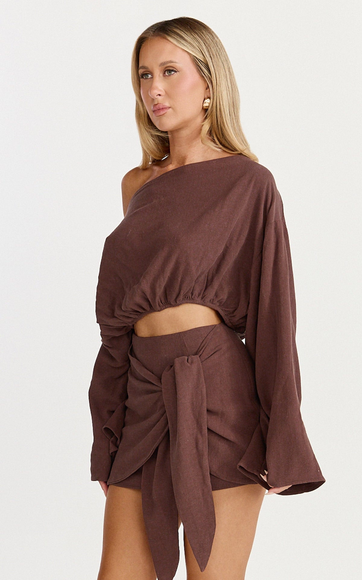 Elly Two Piece Top and Skirt Set - Asym Long Sleeve Top and Wrap Mini Skirt Set in Chocolate