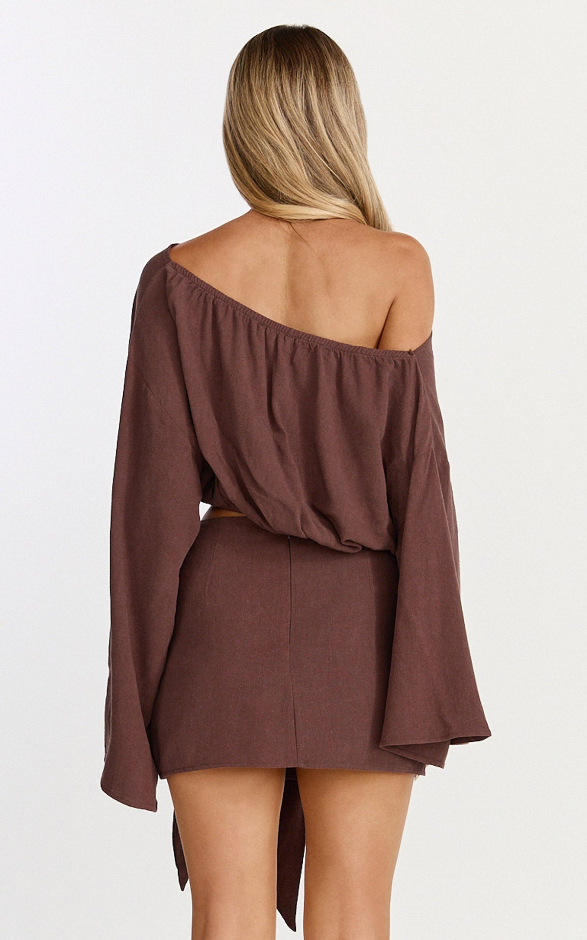 Elly Two Piece Top and Skirt Set - Asym Long Sleeve Top and Wrap Mini Skirt Set in Chocolate