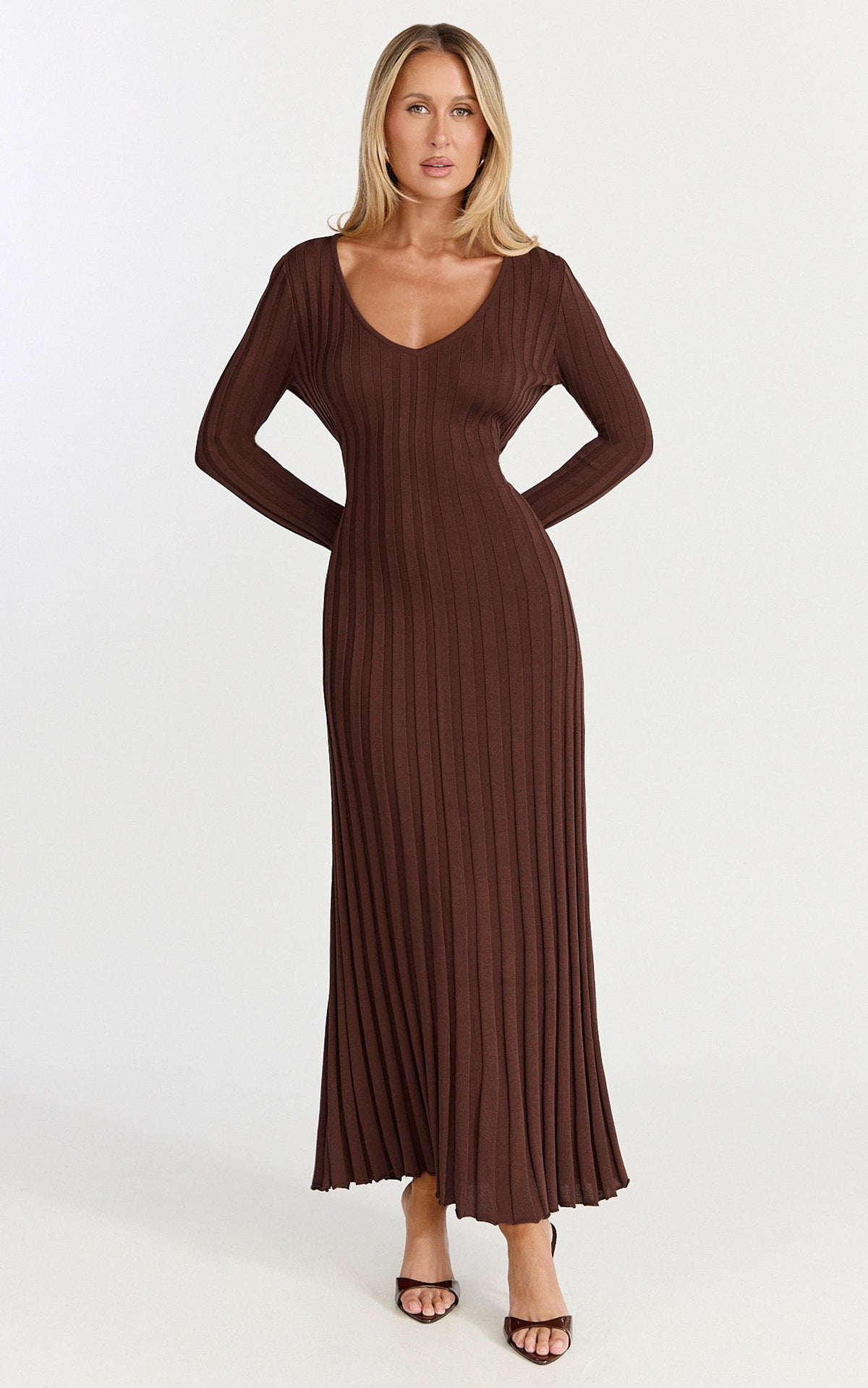Astra Maxi Dress - V Neck Long Sleeve Knit Dress in Chocolate