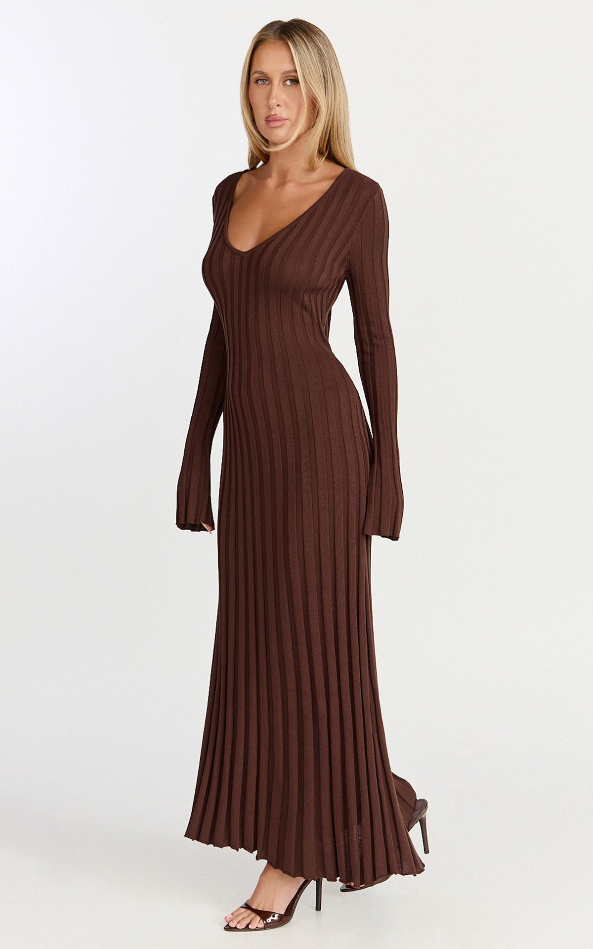 Astra Maxi Dress - V Neck Long Sleeve Knit Dress in Chocolate