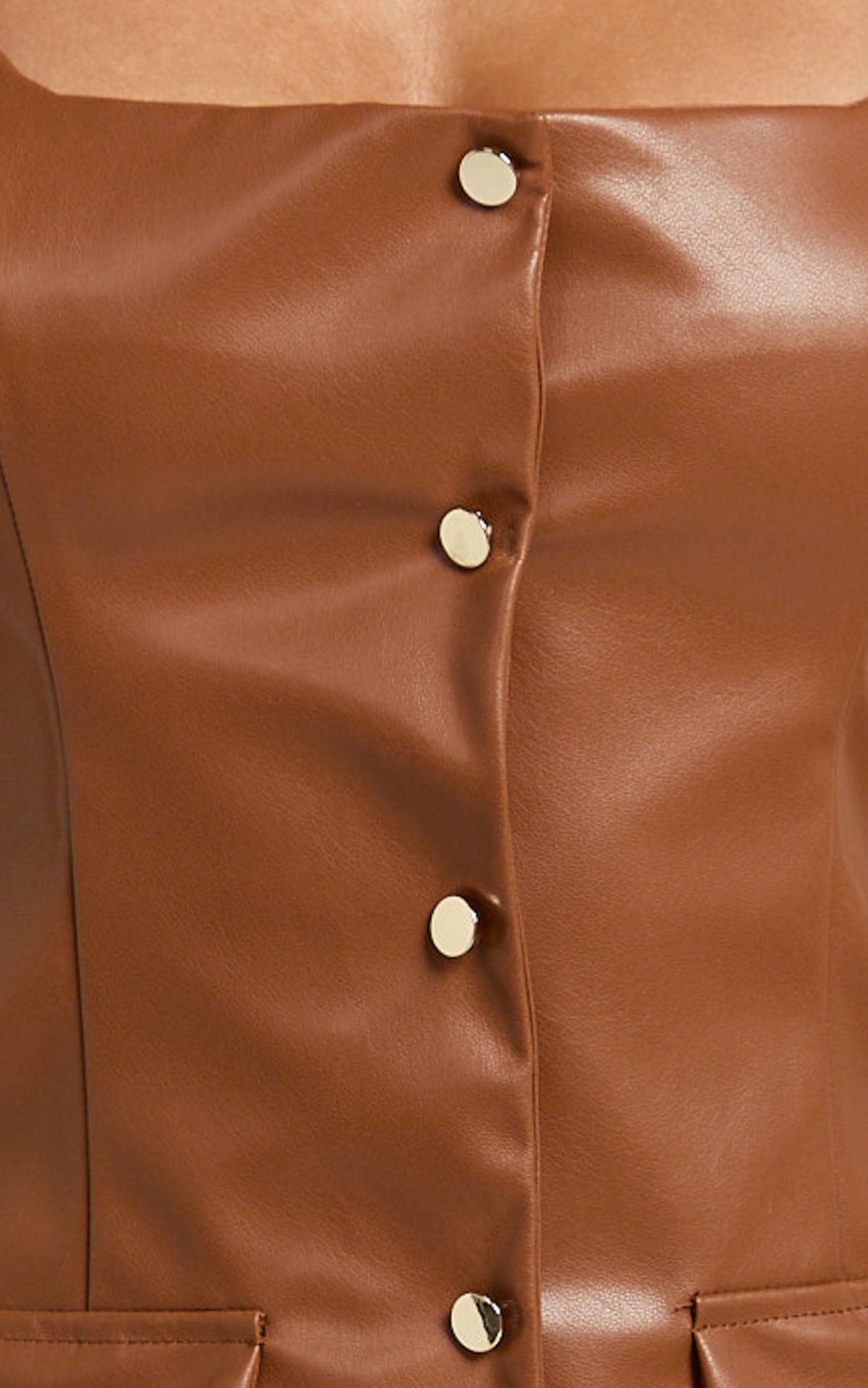 Nami Mini Dress - Faux Leather Square Neck Gold Button Dress in Camel