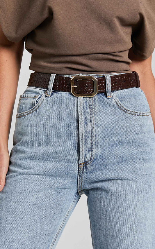 Mason Croc Square Buckle Belt in Chocolate