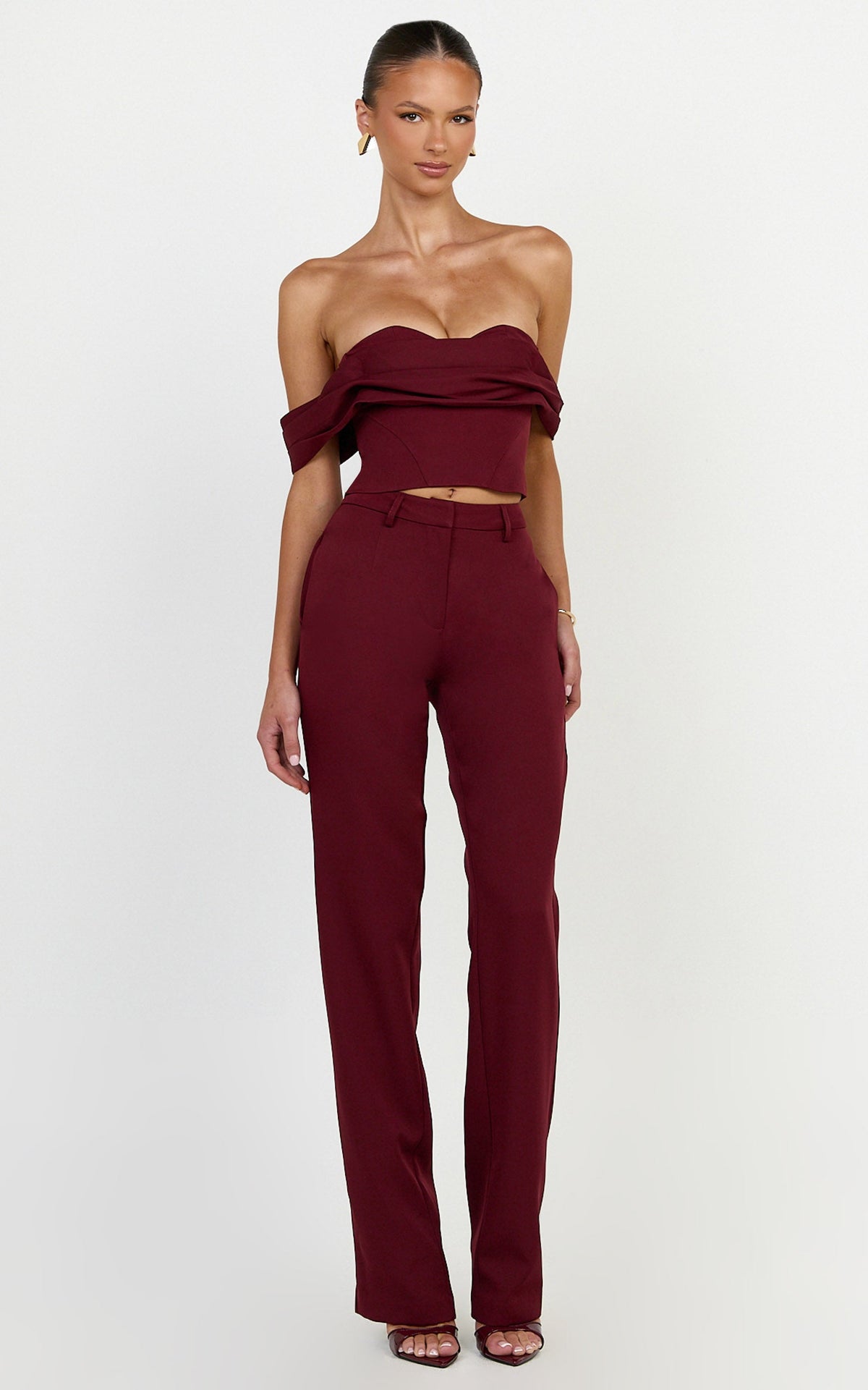 Zinnia Two Piece Top and Pants Set - Off Shoulder Top and Straight Leg Pants in Wine