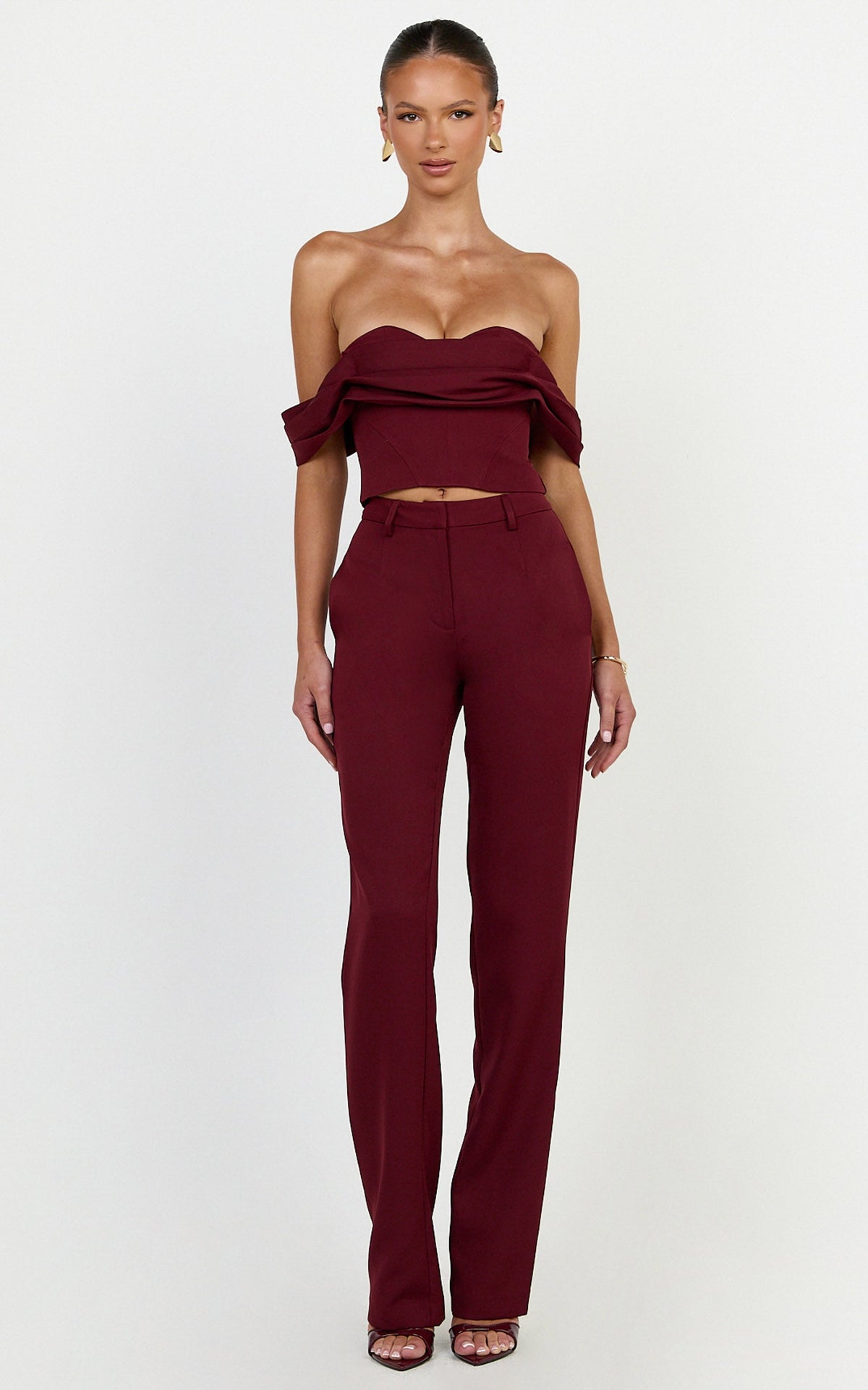 Zinnia Two Piece Top and Pants Set - Off Shoulder Top and Straight Leg Pants in Wine