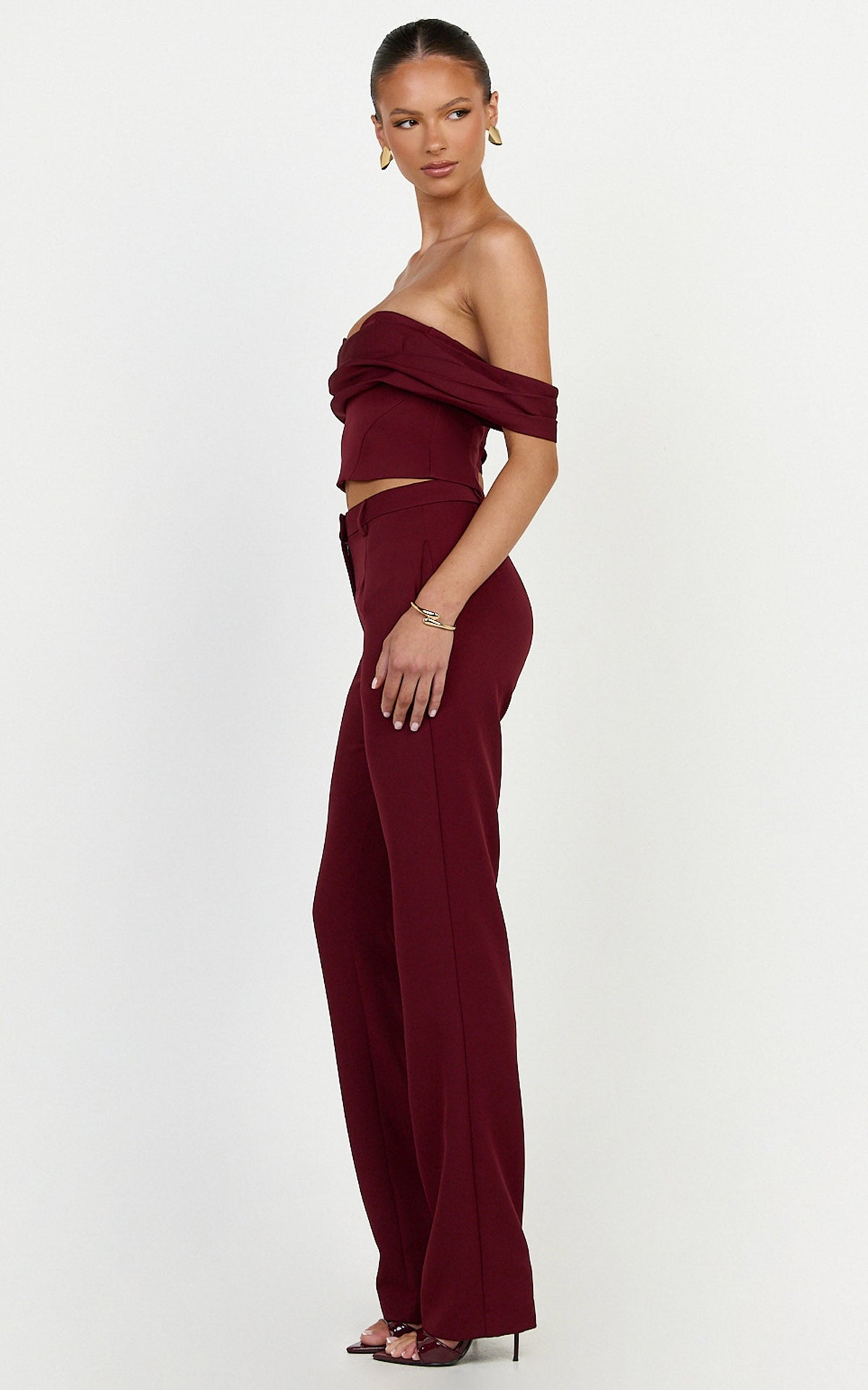 Zinnia Two Piece Top and Pants Set - Off Shoulder Top and Straight Leg Pants in Wine