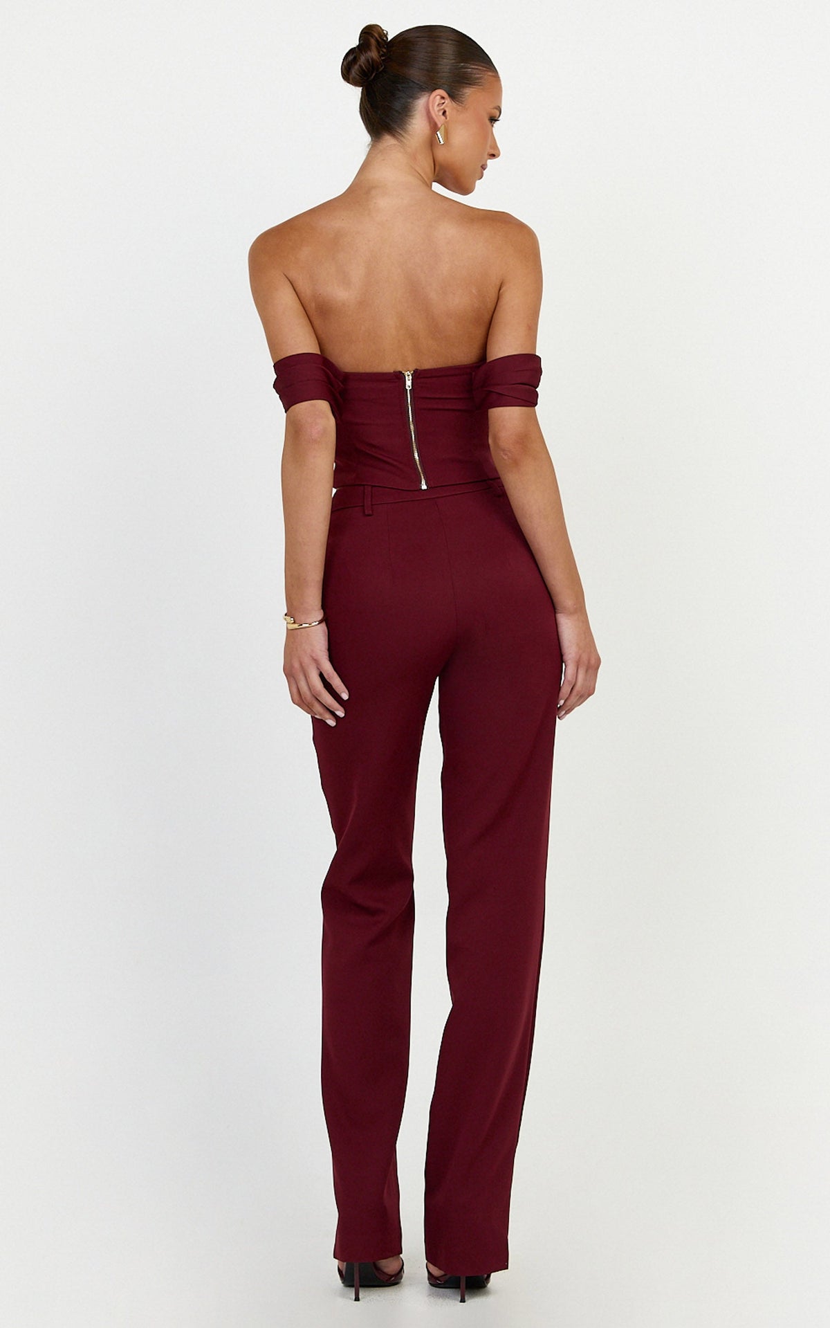 Zinnia Two Piece Top and Pants Set - Off Shoulder Top and Straight Leg Pants in Wine