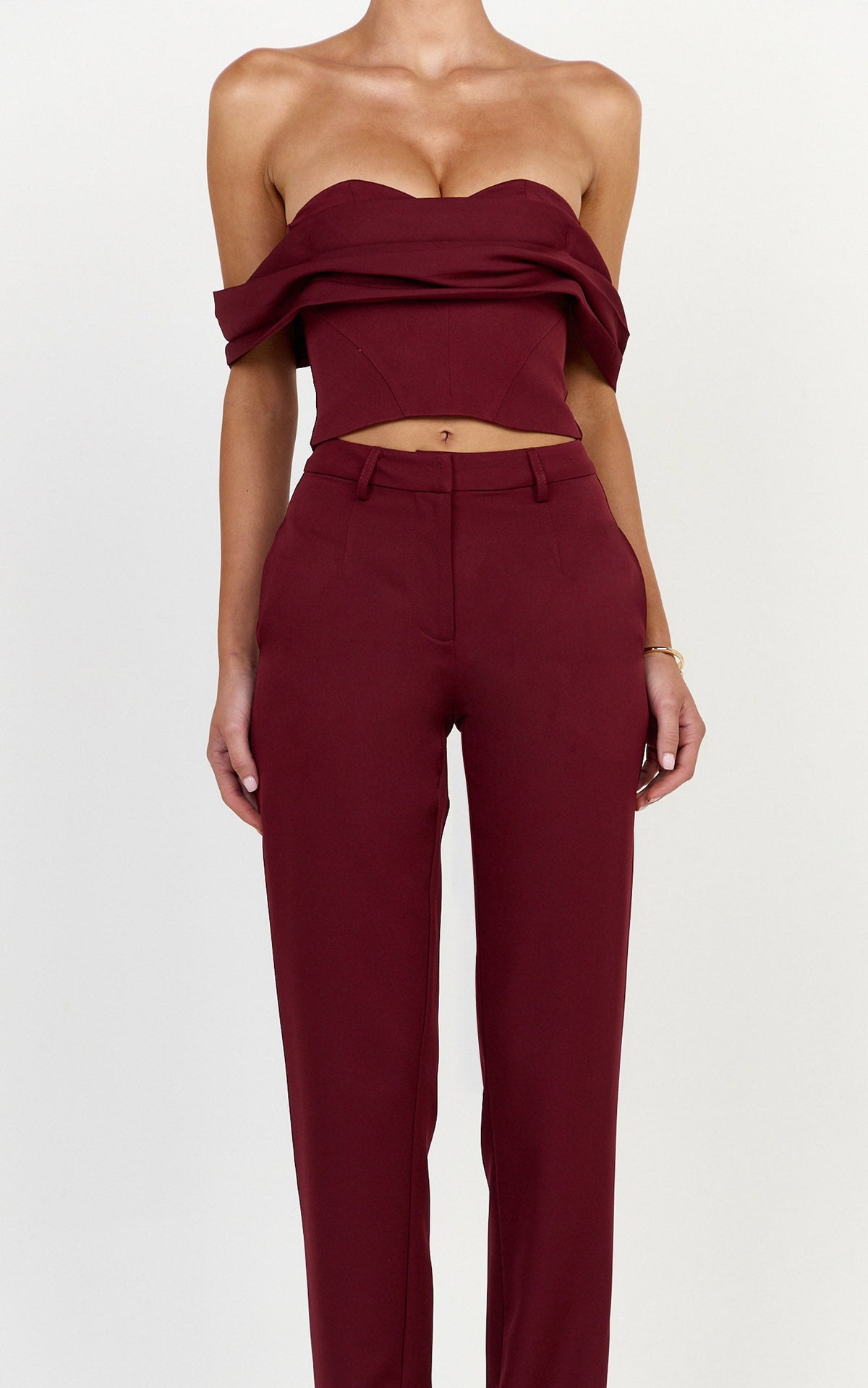 Zinnia Two Piece Top and Pants Set - Off Shoulder Top and Straight Leg Pants in Wine