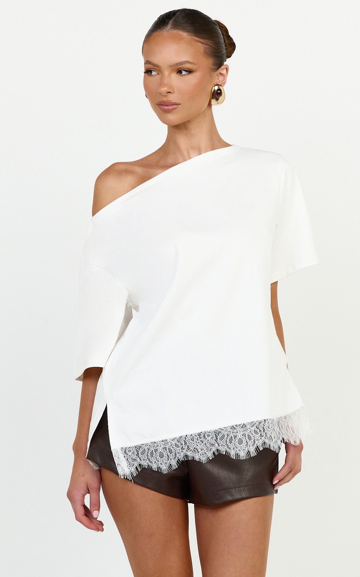 Lyra Top - Asym Lace Trim Tee in White