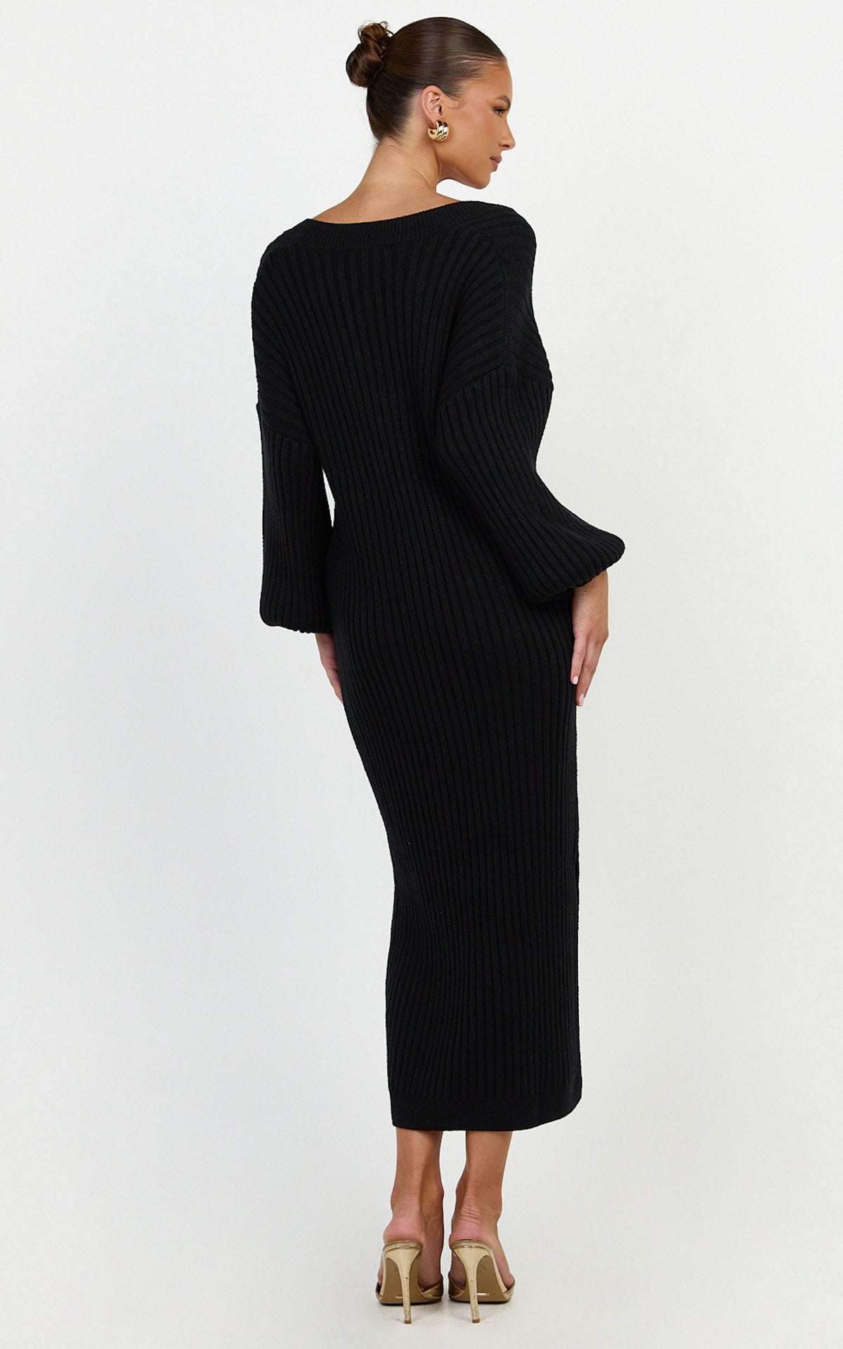 Kartia Midi Dress - V Neck Knit Dress in Black