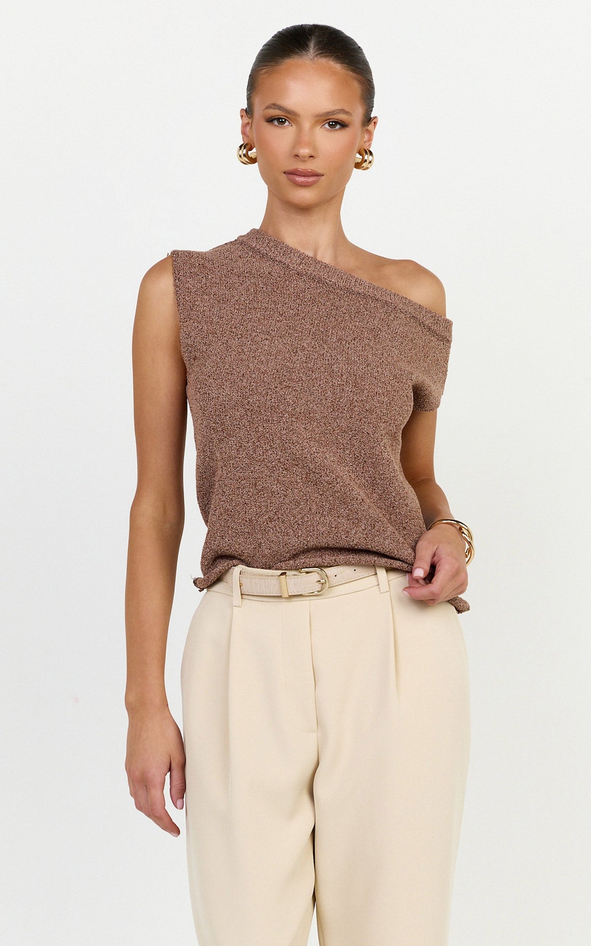 Marilou Top - Knit Off Shoulder Top in Brown