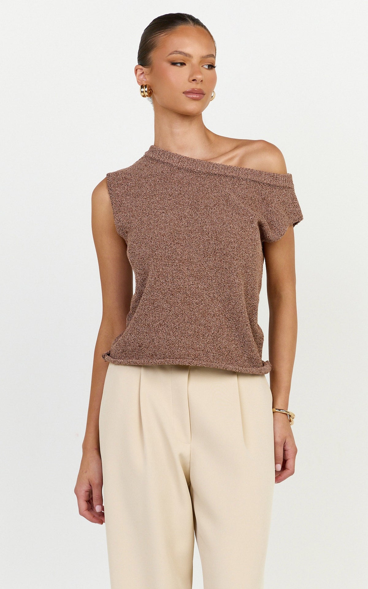 Marilou Top - Knit Off Shoulder Top in Brown