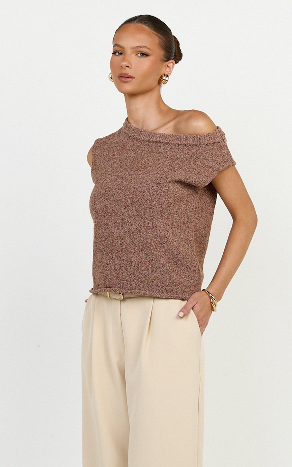 Marilou Top - Knit Off Shoulder Top in Brown