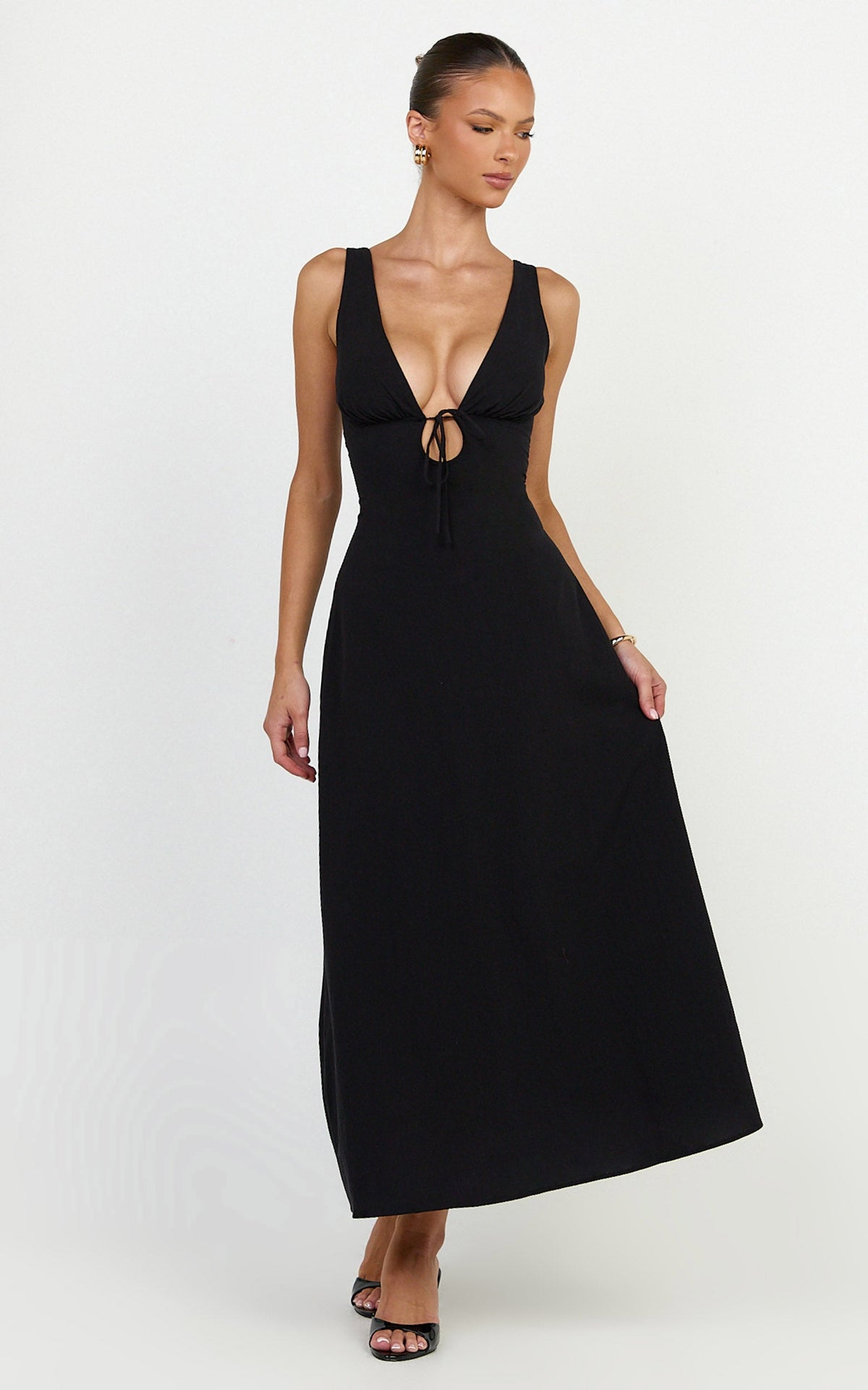 Silvena Midi Dress - V Neck Tie Front A Line Dress in Black