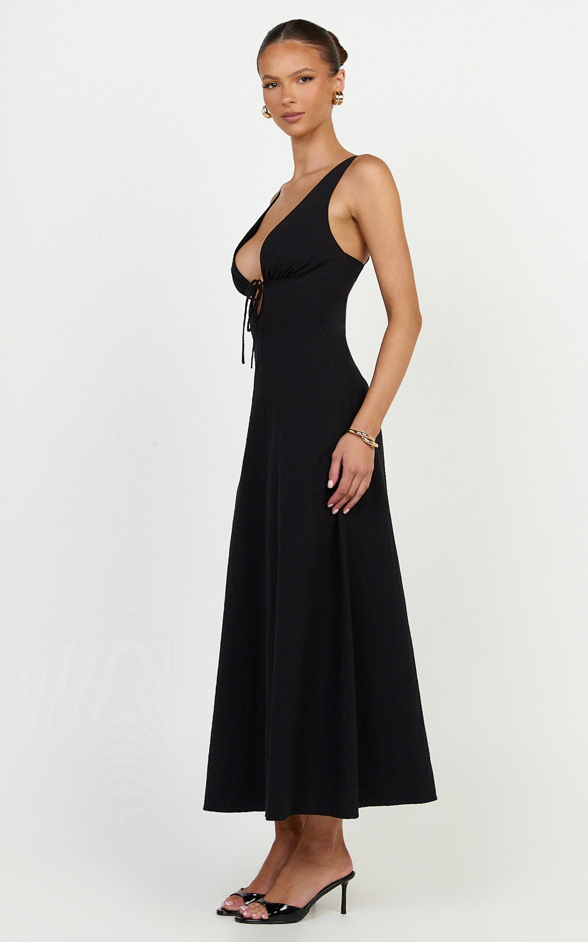 Silvena Midi Dress - V Neck Tie Front A Line Dress in Black