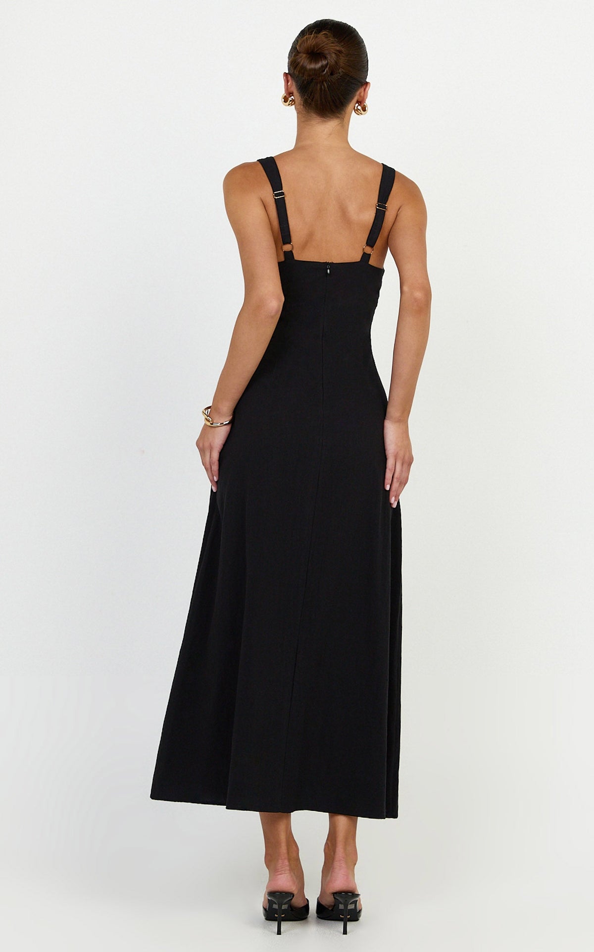Silvena Midi Dress - V Neck Tie Front A Line Dress in Black