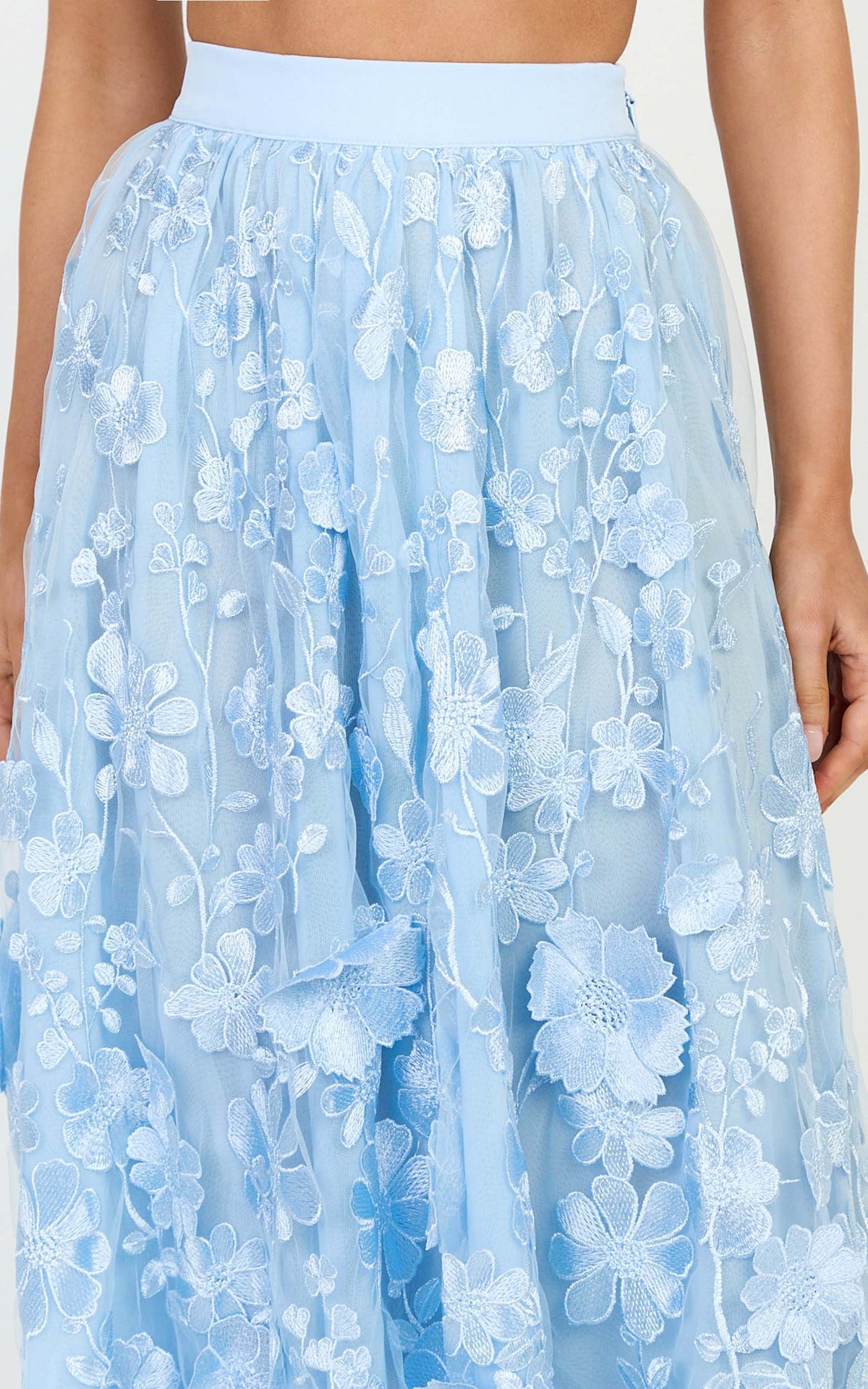 Beth Two Piece Top and Skirt Set -  Floral Lace Micro Crop Top And A Line Maxi Skirt Set in Blue