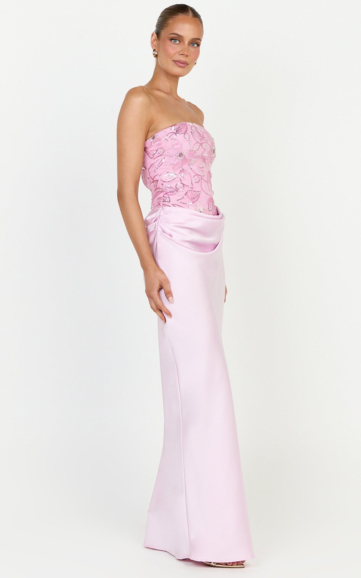 Amie Maxi Dress - Strapless Sequin Bodice Dress With Draped Satin Skirt in Pink