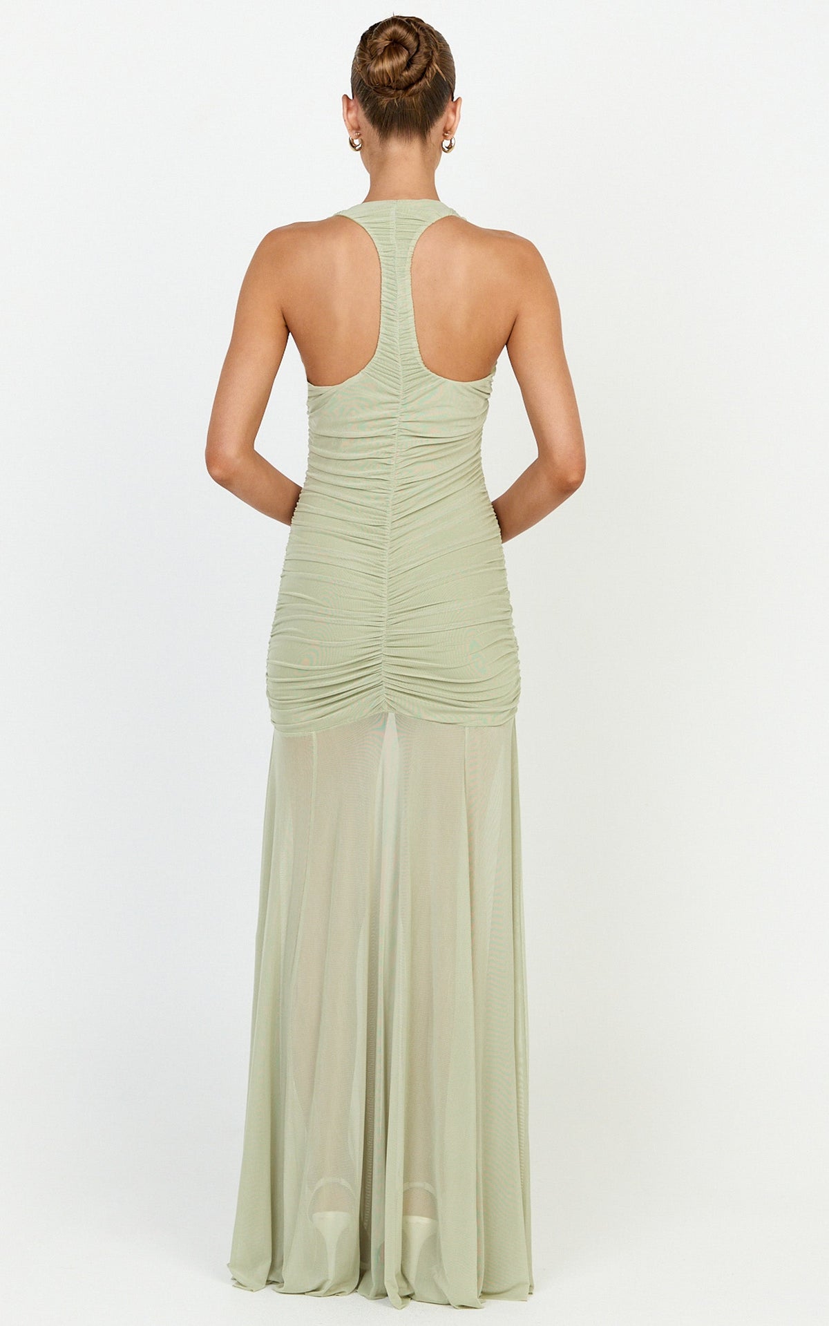 Kori Maxi Dress - Ruched Halterneck Mesh Dress With Racer Back in Sage
