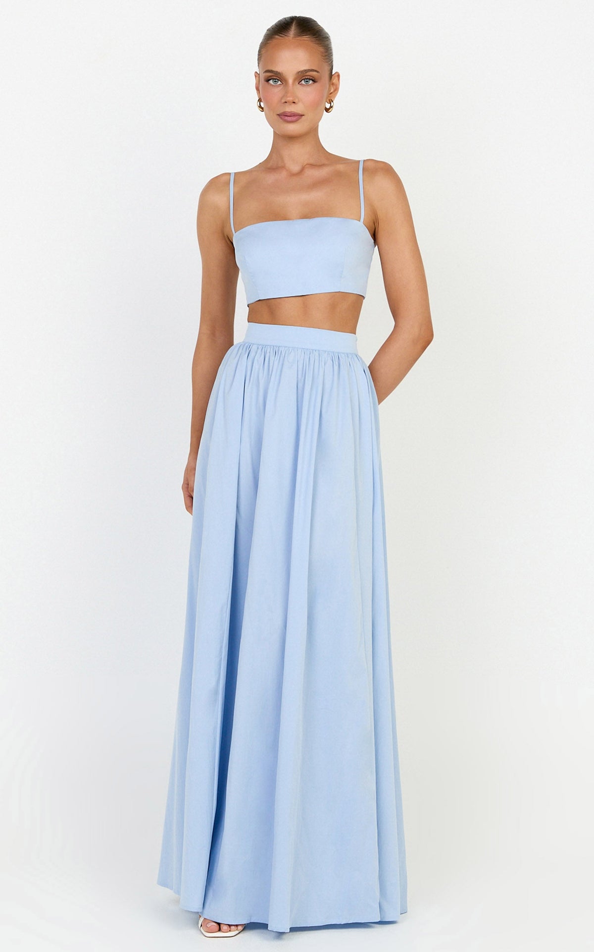 Tegan Two Piece Set - Straight Neck Micro Crop Top and A Line Maxi Skirt Set in Blue