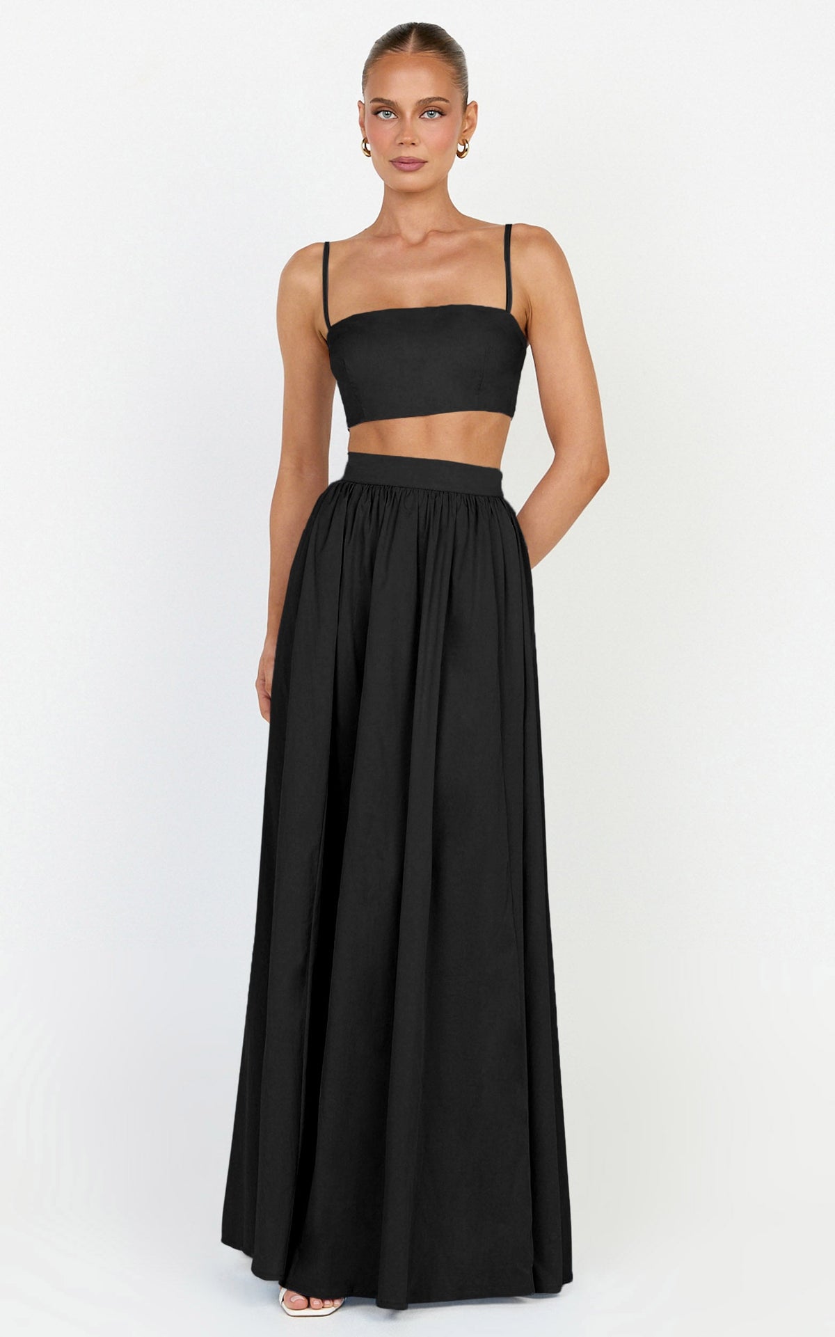 Tegan Two Piece Set - Straight Neck Micro Crop Top and A Line Maxi Skirt Set in Black