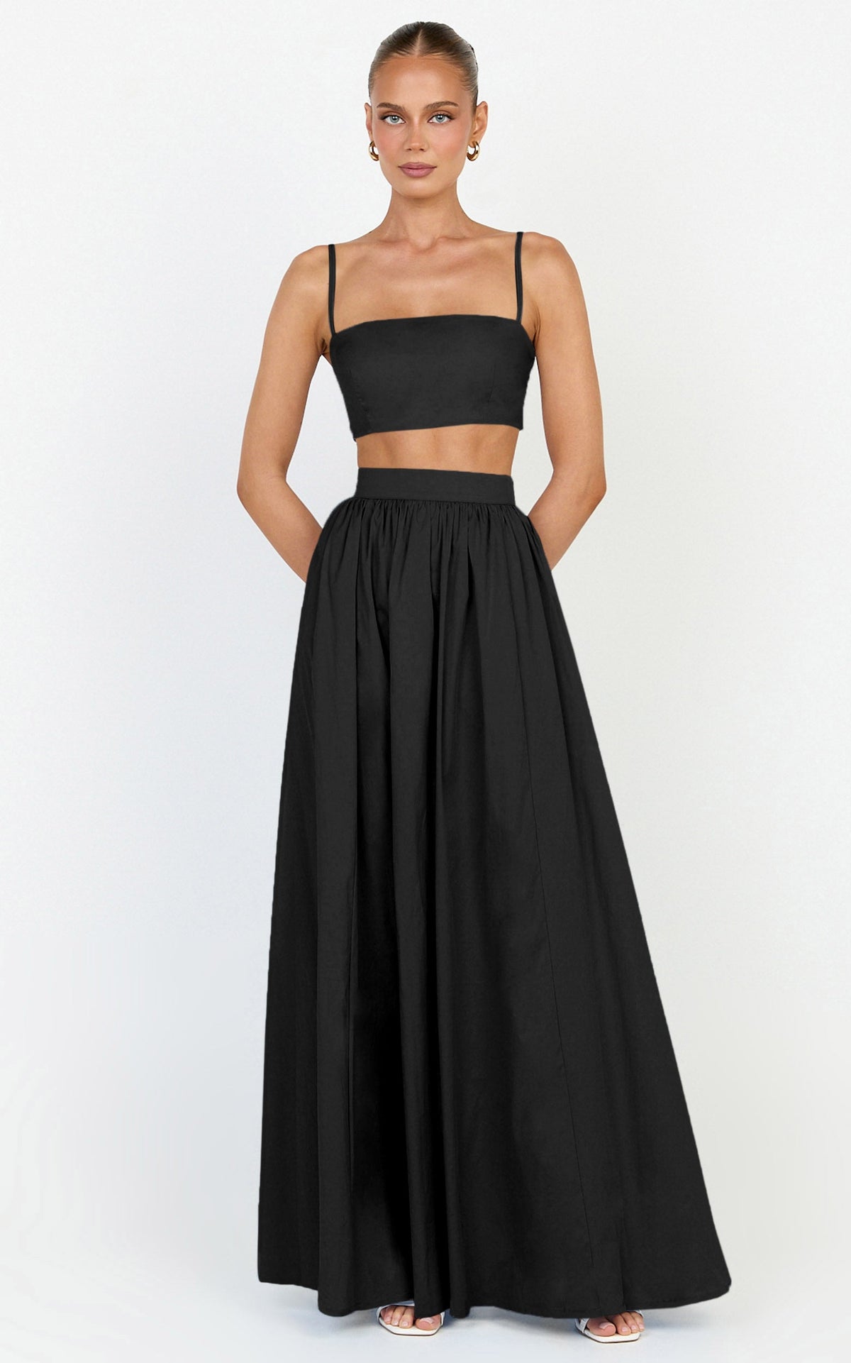 Tegan Two Piece Set - Straight Neck Micro Crop Top and A Line Maxi Skirt Set in Black