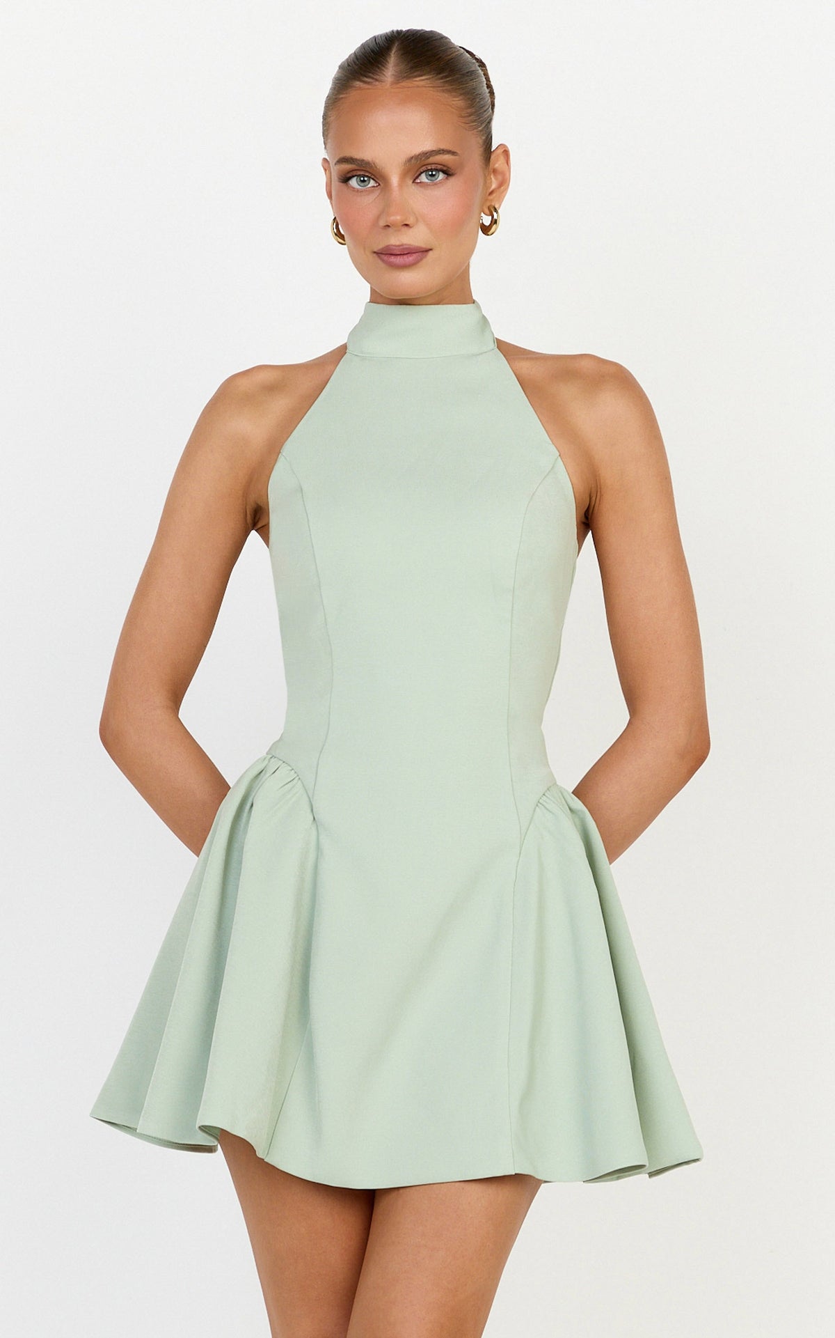 Violet Mini Dress - Halterneck A Line Dress in Sage