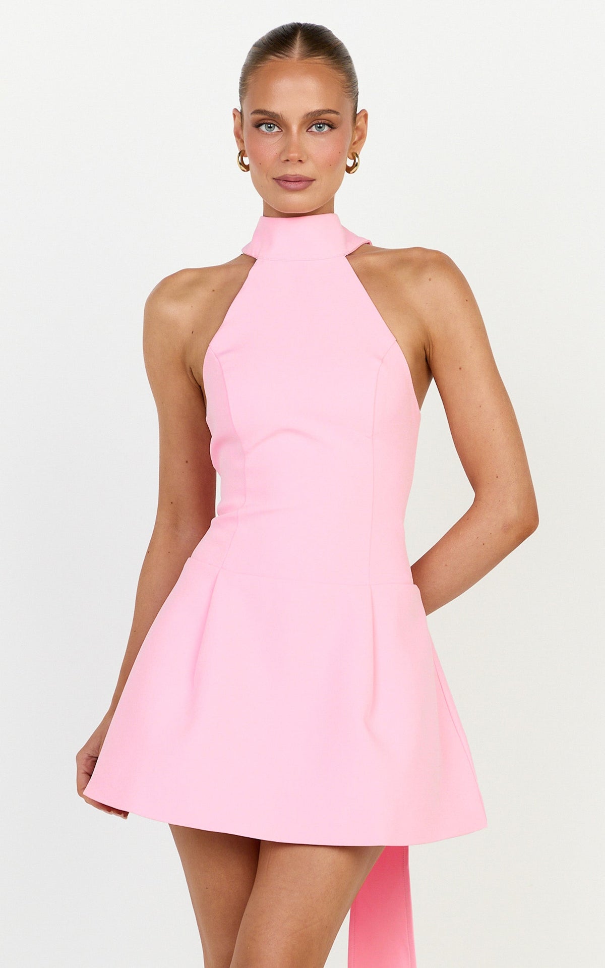 Helia Mini Dress - High Halter Neck Scarf Detail A Line Dress in Pink