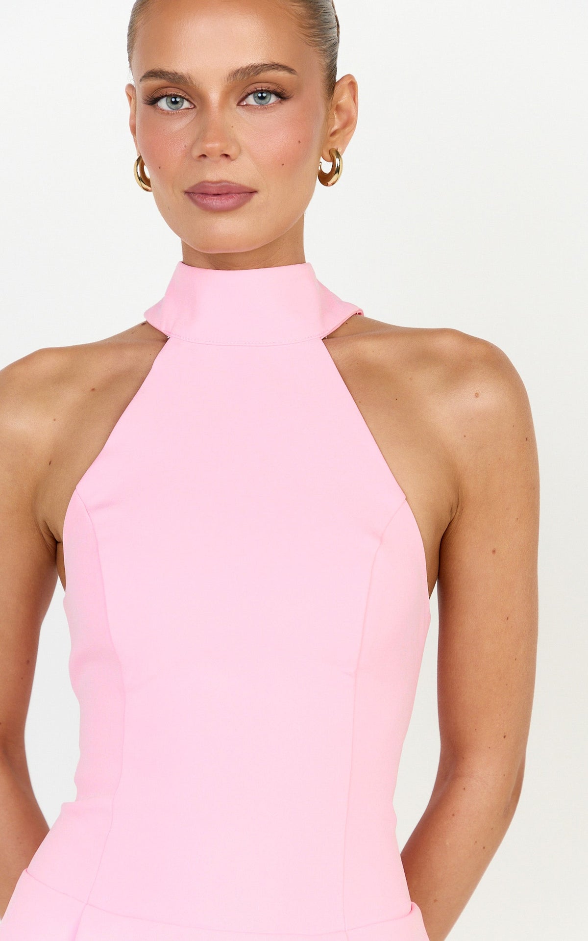 Helia Mini Dress - High Halter Neck Scarf Detail A Line Dress in Pink