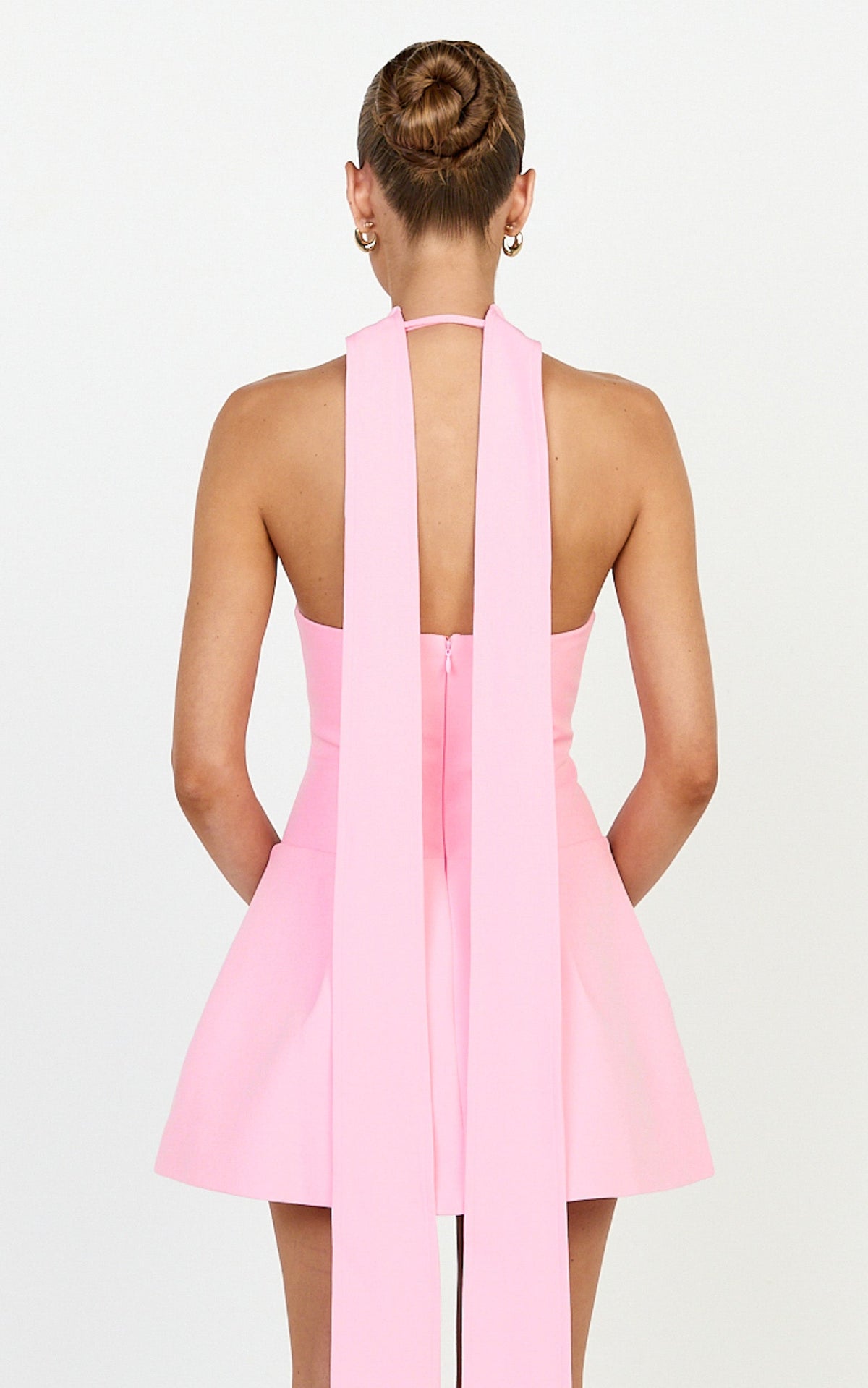 Helia Mini Dress - High Halter Neck Scarf Detail A Line Dress in Pink