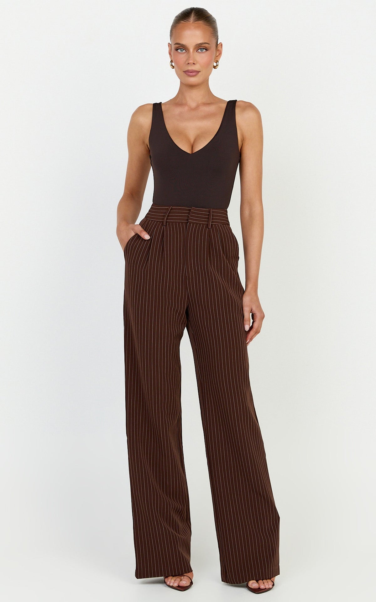 Rose Pants - Stripe Tailored Straight Leg Pants in Dark Chocolate
