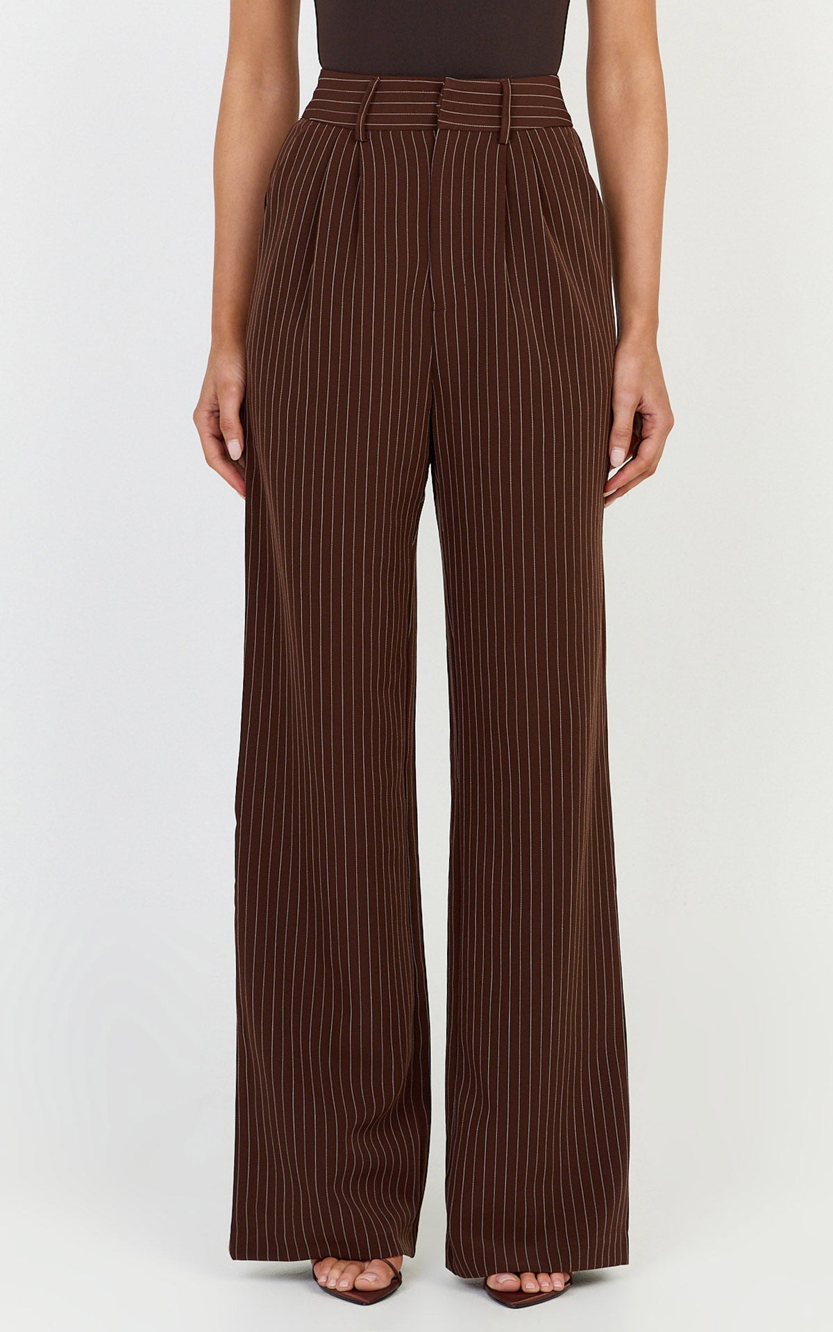 Rose Pants - Stripe Tailored Straight Leg Pants in Dark Chocolate