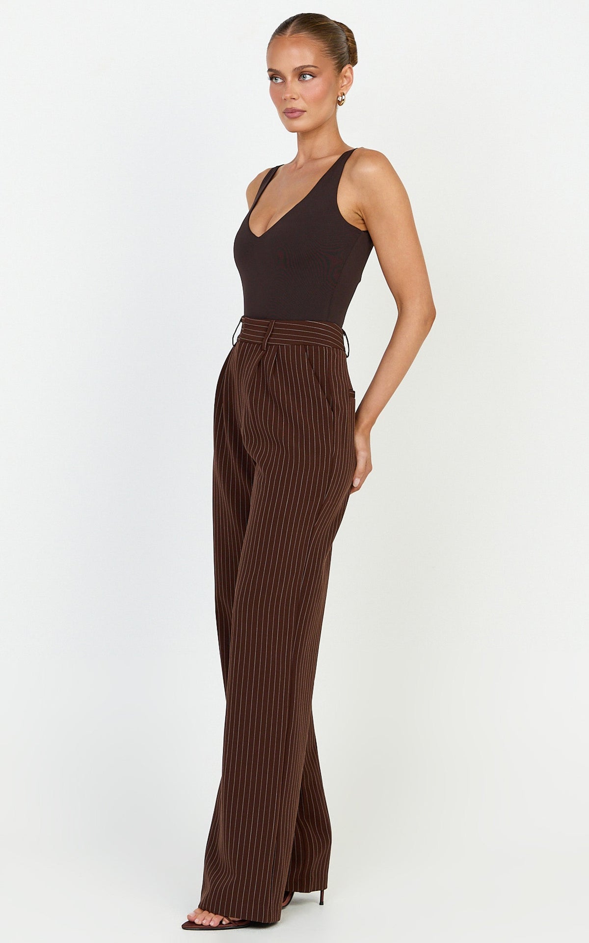 Rose Pants - Stripe Tailored Straight Leg Pants in Dark Chocolate