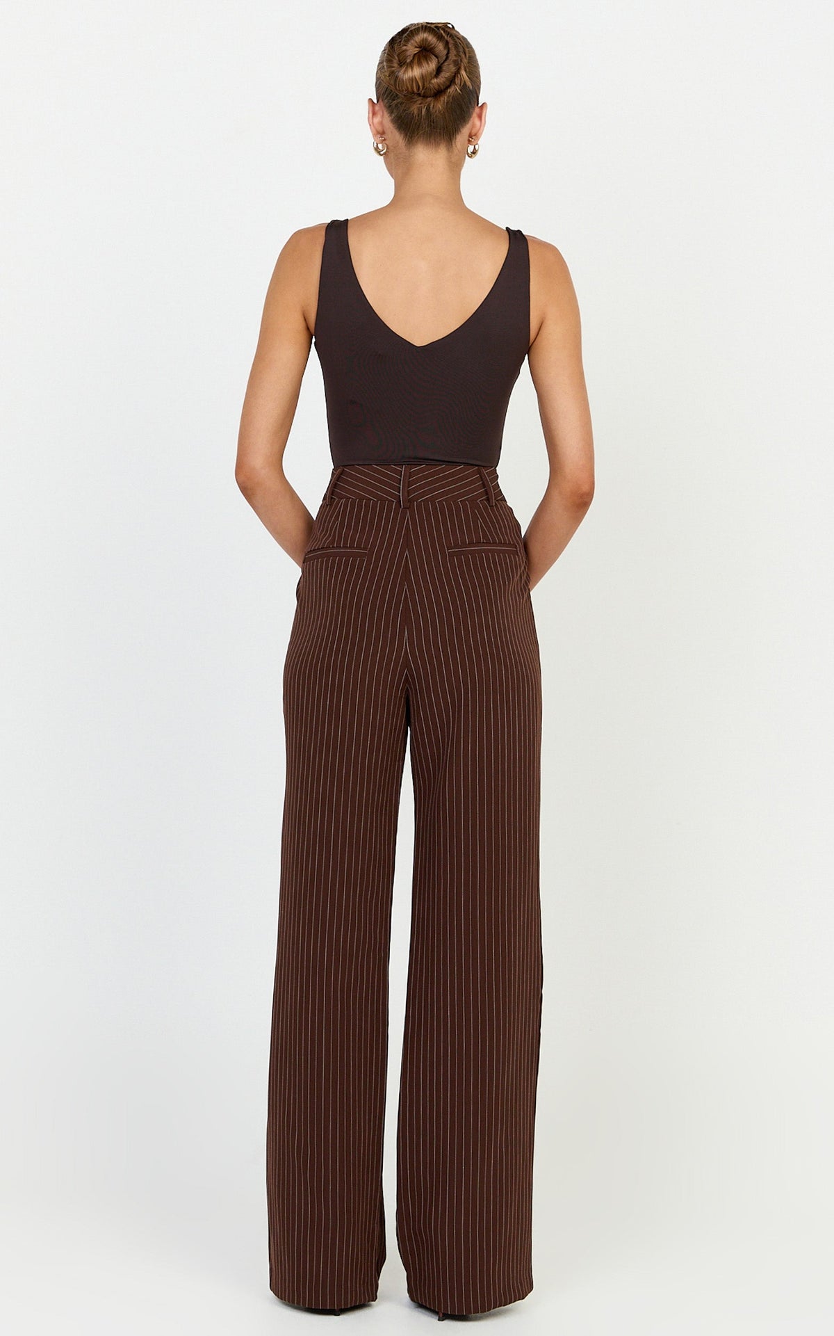 Rose Pants - Stripe Tailored Straight Leg Pants in Dark Chocolate