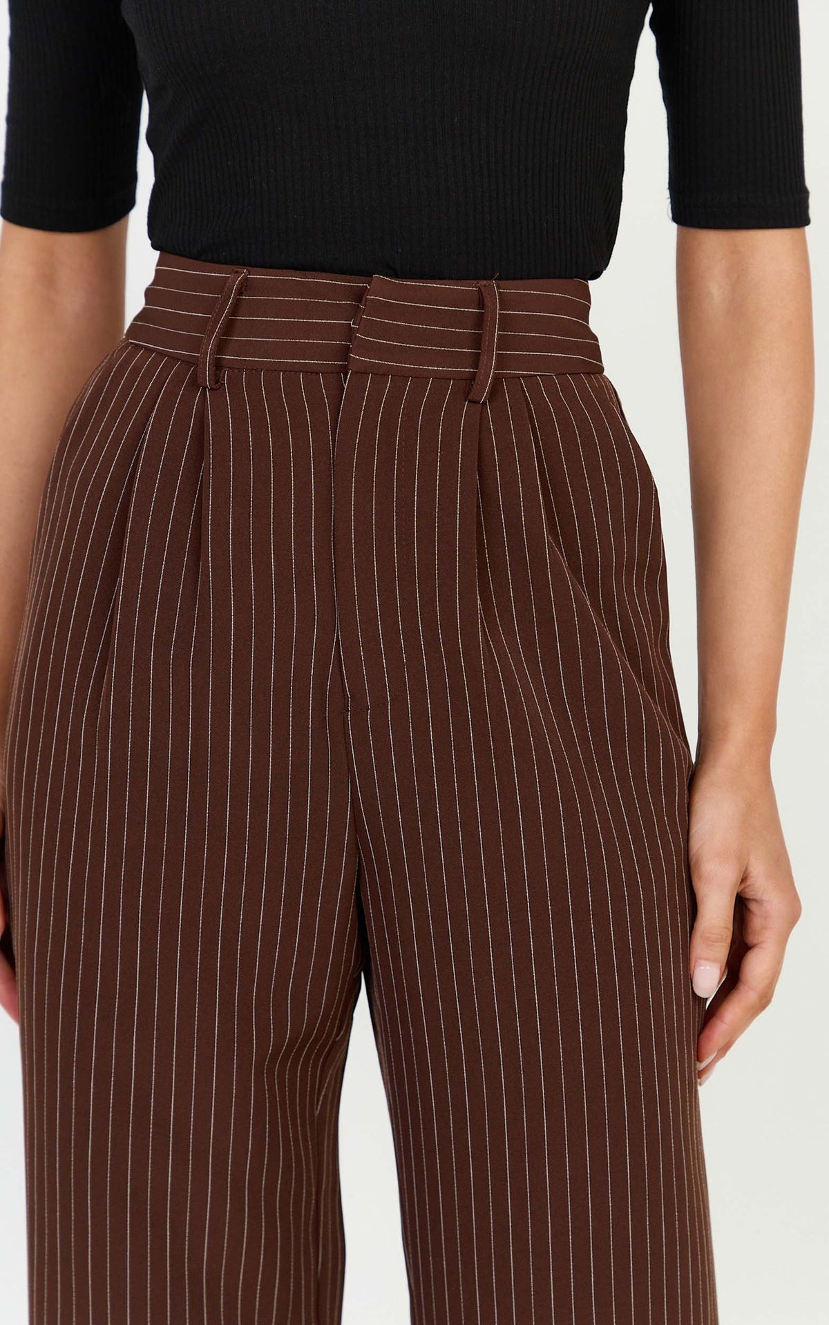 Rose Pants - Stripe Tailored Straight Leg Pants in Dark Chocolate