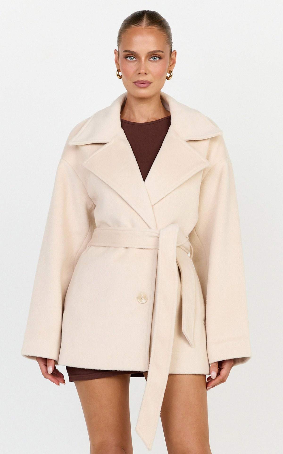 Dahlia Coat - Single Breasted Belted Short Wool Like Coat in Beige